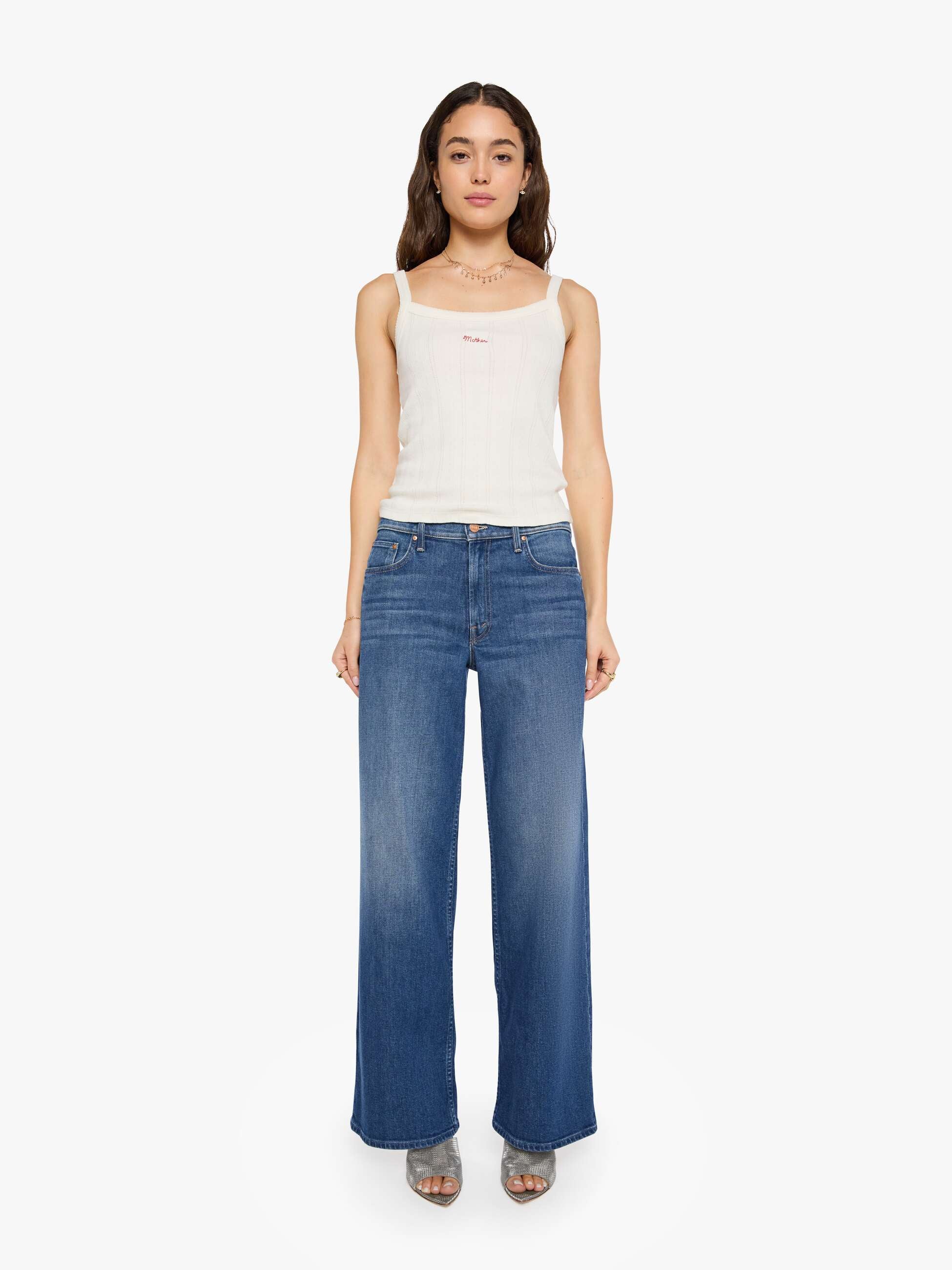 Mother Rerun Zip Sneak Wide Leg Jeans Deluxe Edition mid-blue