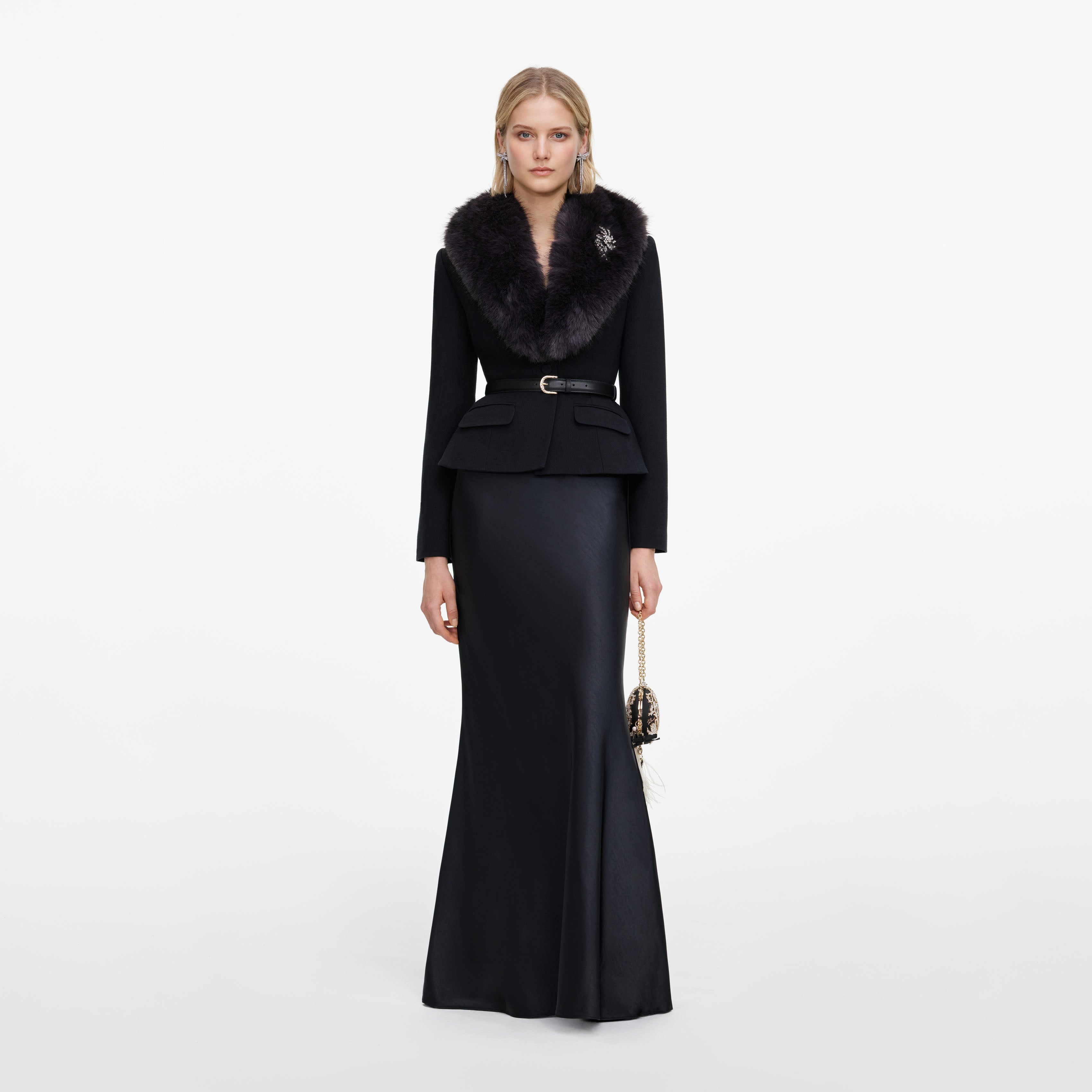 Self Portrait Black Tailored Fur Collar Maxikleid Schwarz