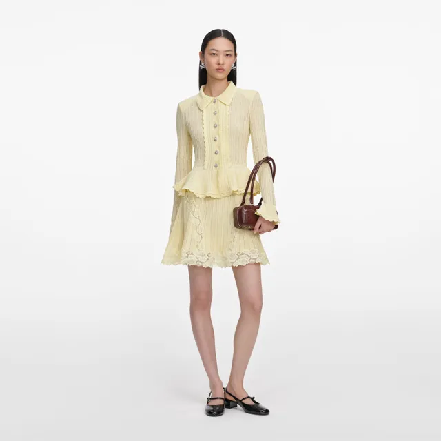 Self Portrait Pointelle Peplum Mini Kleid Gelb
