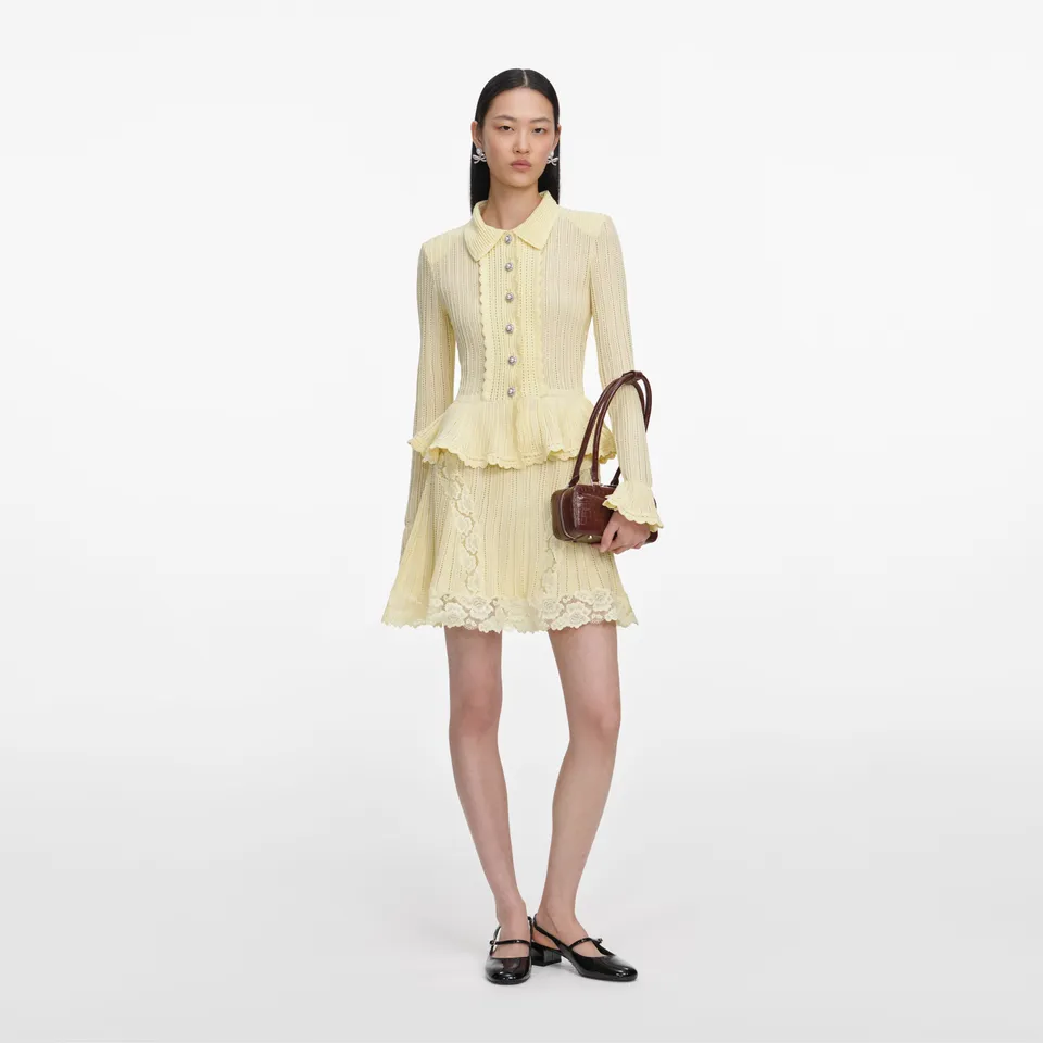Self Portrait Pointelle Peplum Mini Kleid Gelb