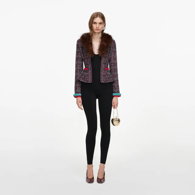 Self Portrait Textured Knit Peplum Cardigan Multi