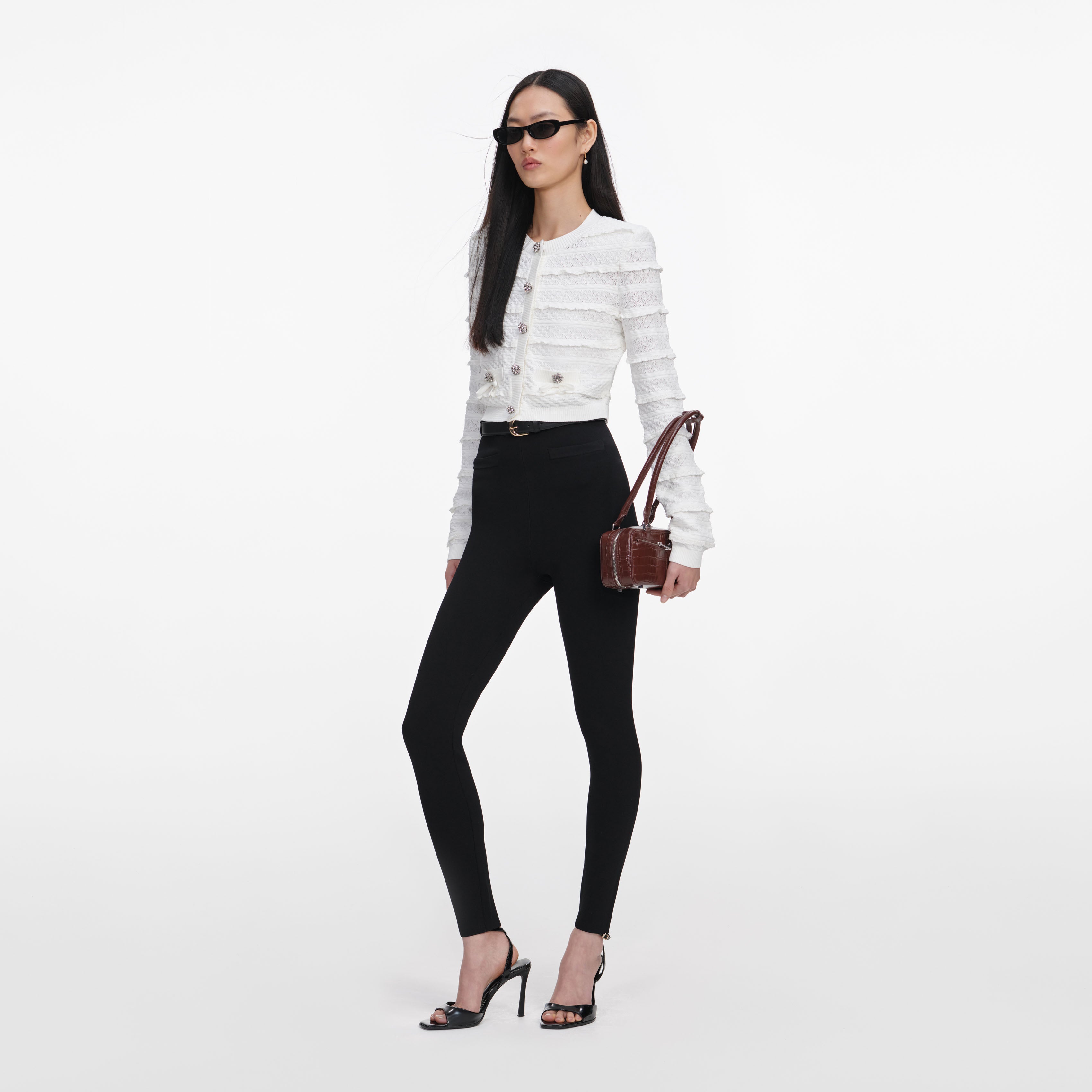 Self Portrait Pointelle Diamante Cardigan Weiß