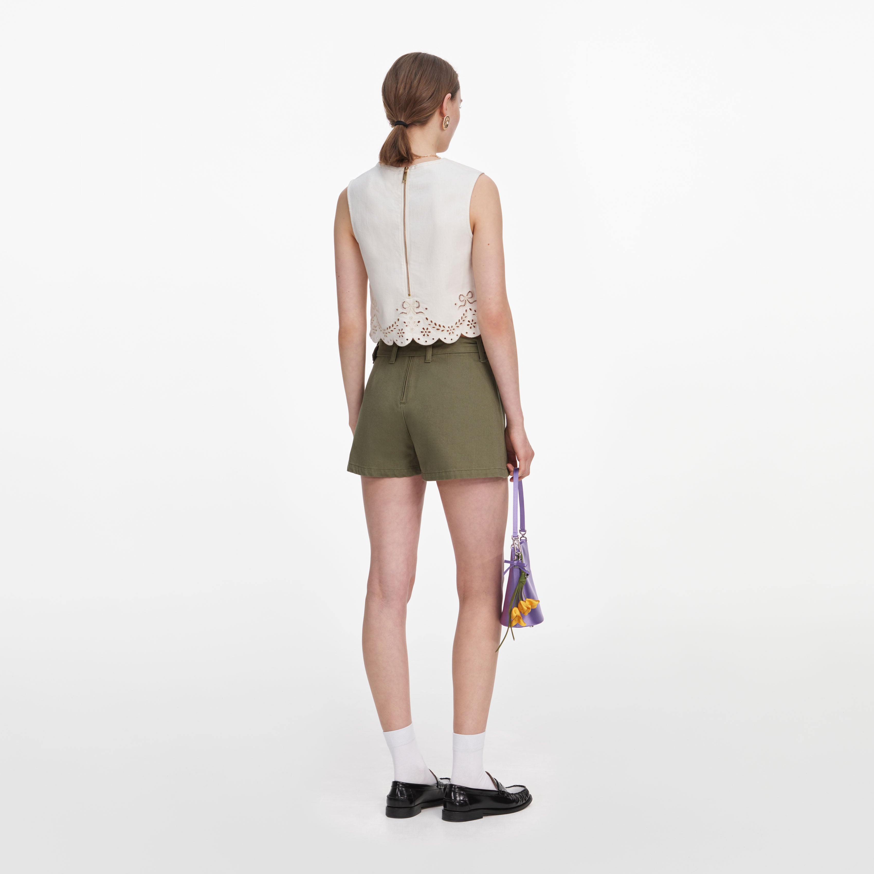 Self Portrait Denim Broderie Denim Top Creme Boxy