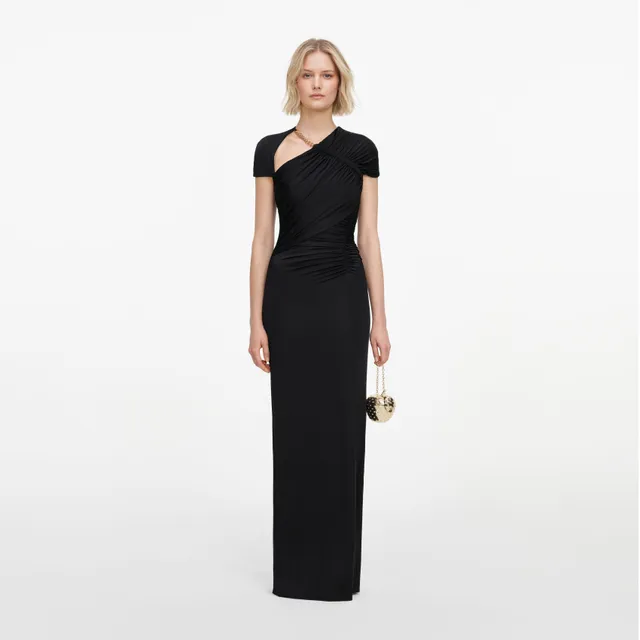 Self Portrait Black Jersey Maxi Kleid Schwarz Drapiert