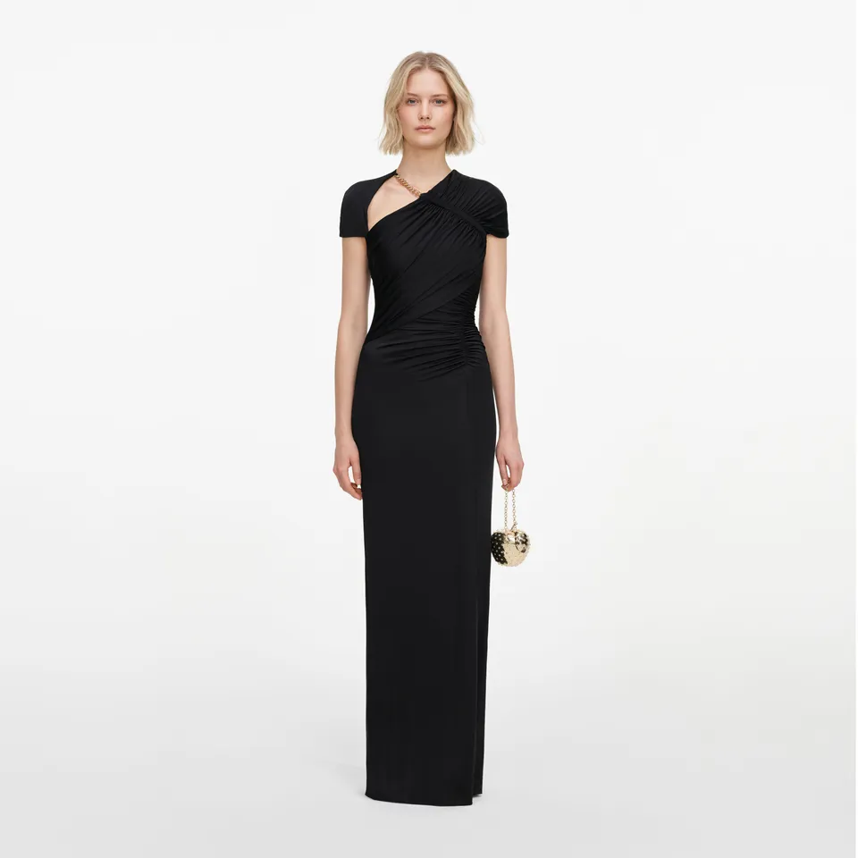 Self Portrait Black Jersey Maxi Kleid Schwarz Drapiert
