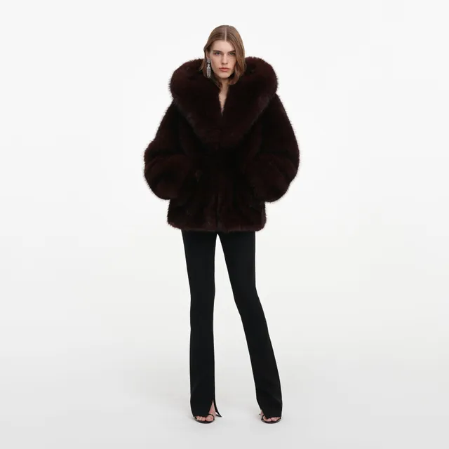 Self Portrait Brown Faux Fur Kapuzen Jacke M Kunstfell