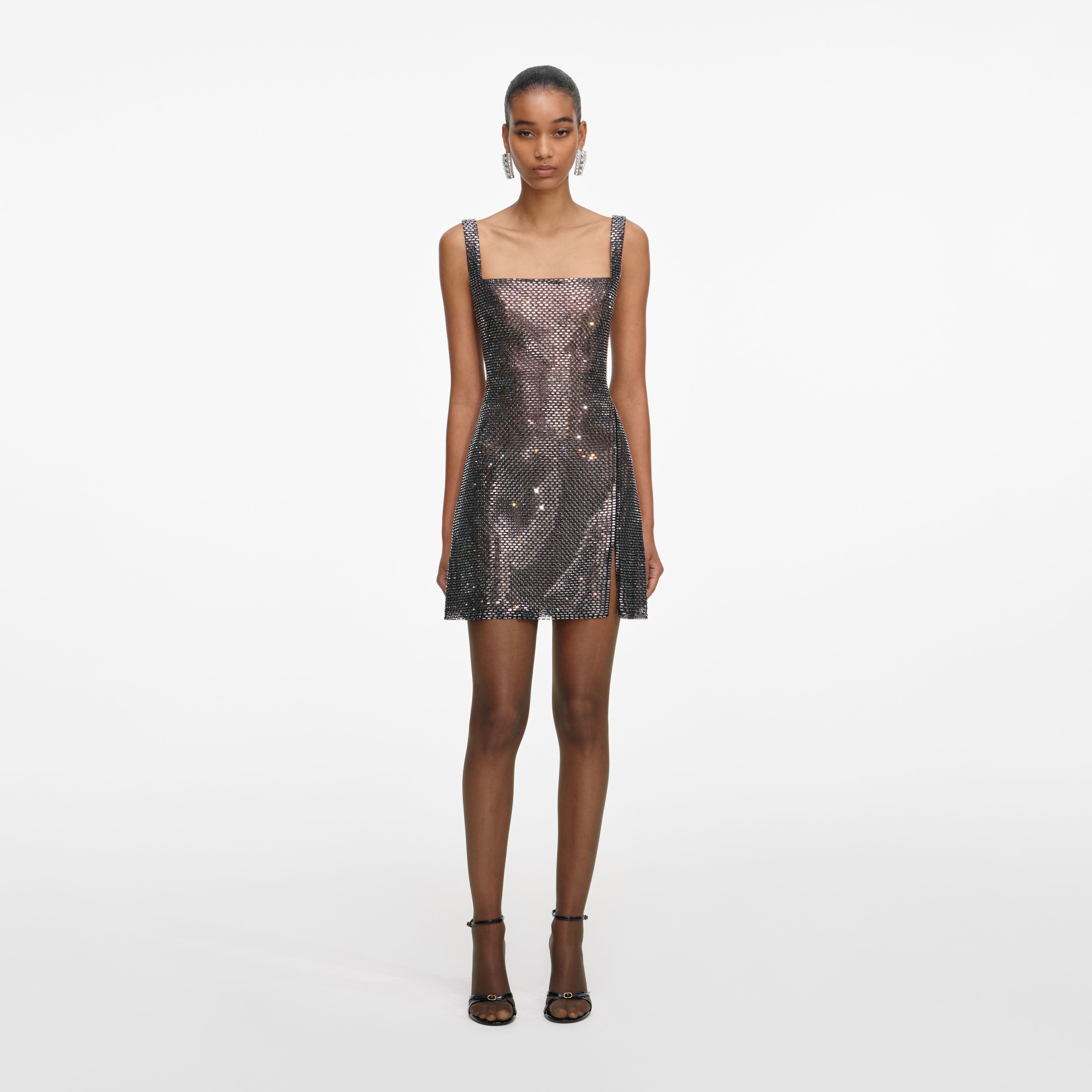 Self Portrait Rhinestone Mesh Mini Kleid Gunmetal Strass