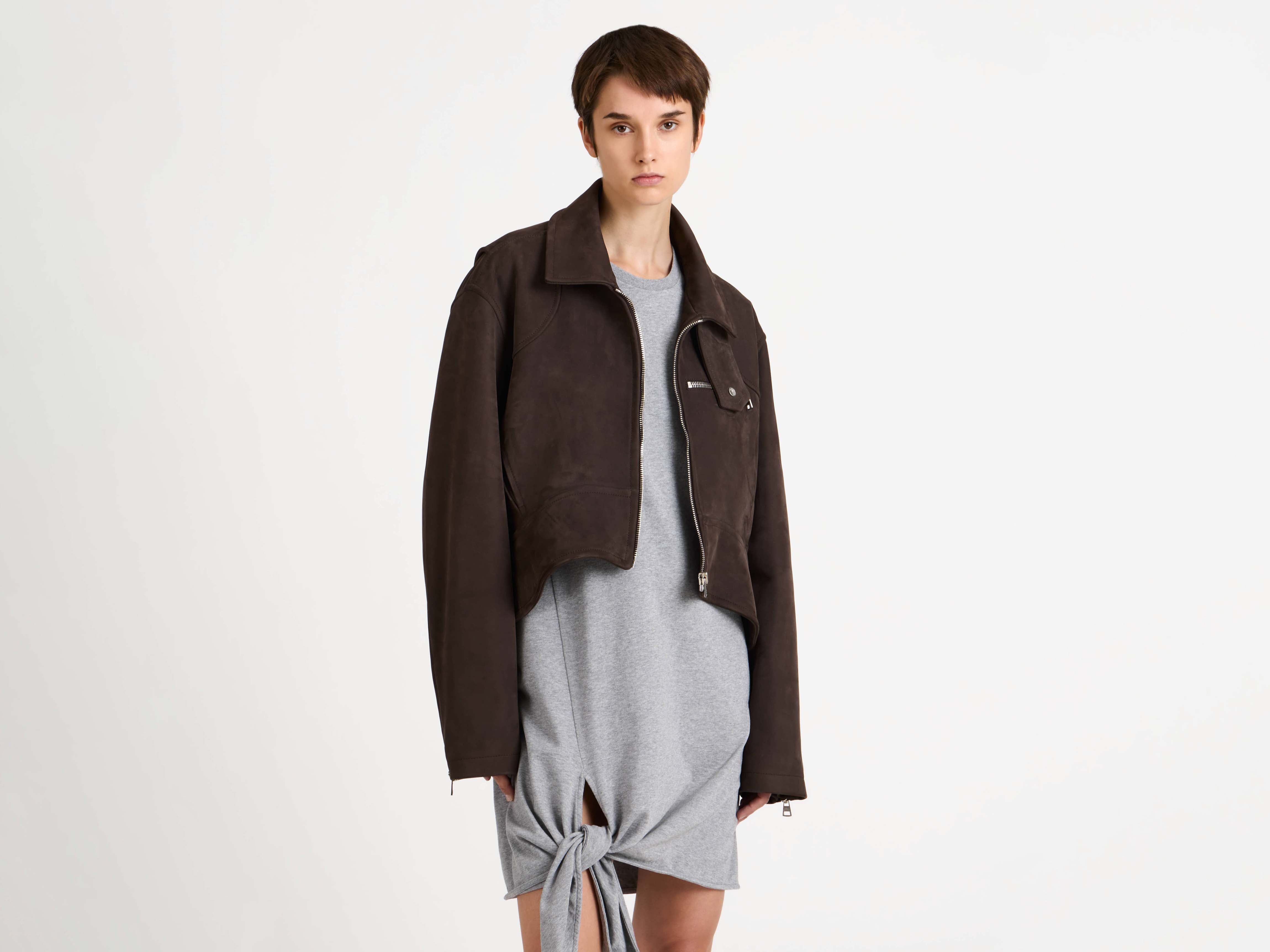 J.W.Anderson Curved Hem Cropped Biker Jacke Damen Braun Leder
