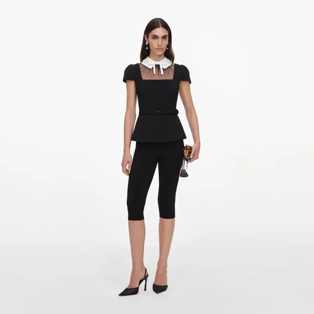 Self Portrait Tops Black Crepe Bow Collar Top Oberteil Schwarz
