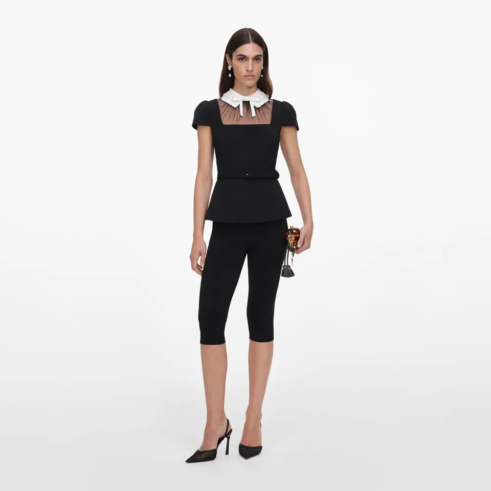 Self Portrait Tops Black Crepe Bow Collar Top Oberteil Schwarz