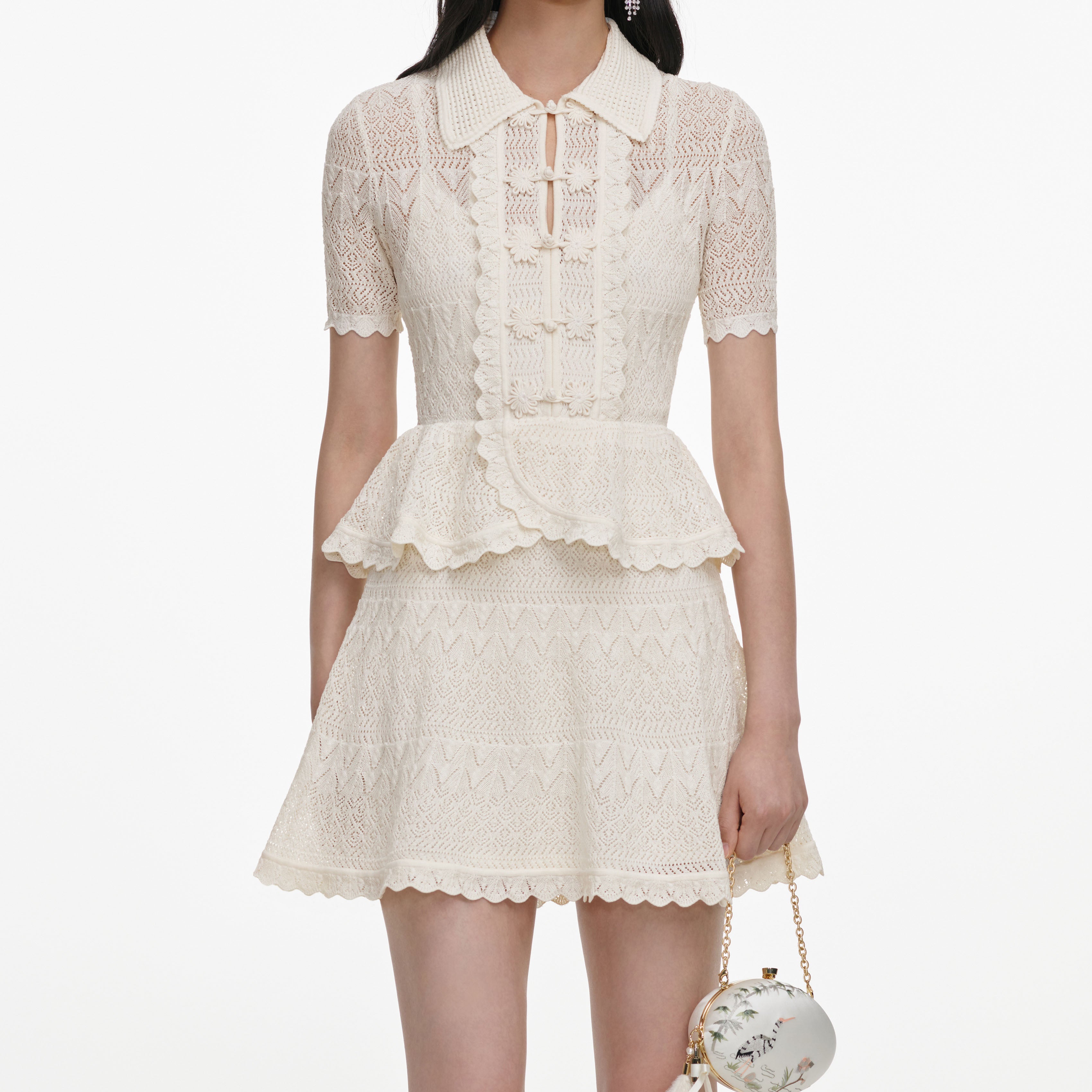 Self Portrait Pointelle Knit Wrap Peplum Kleid Creme Mini