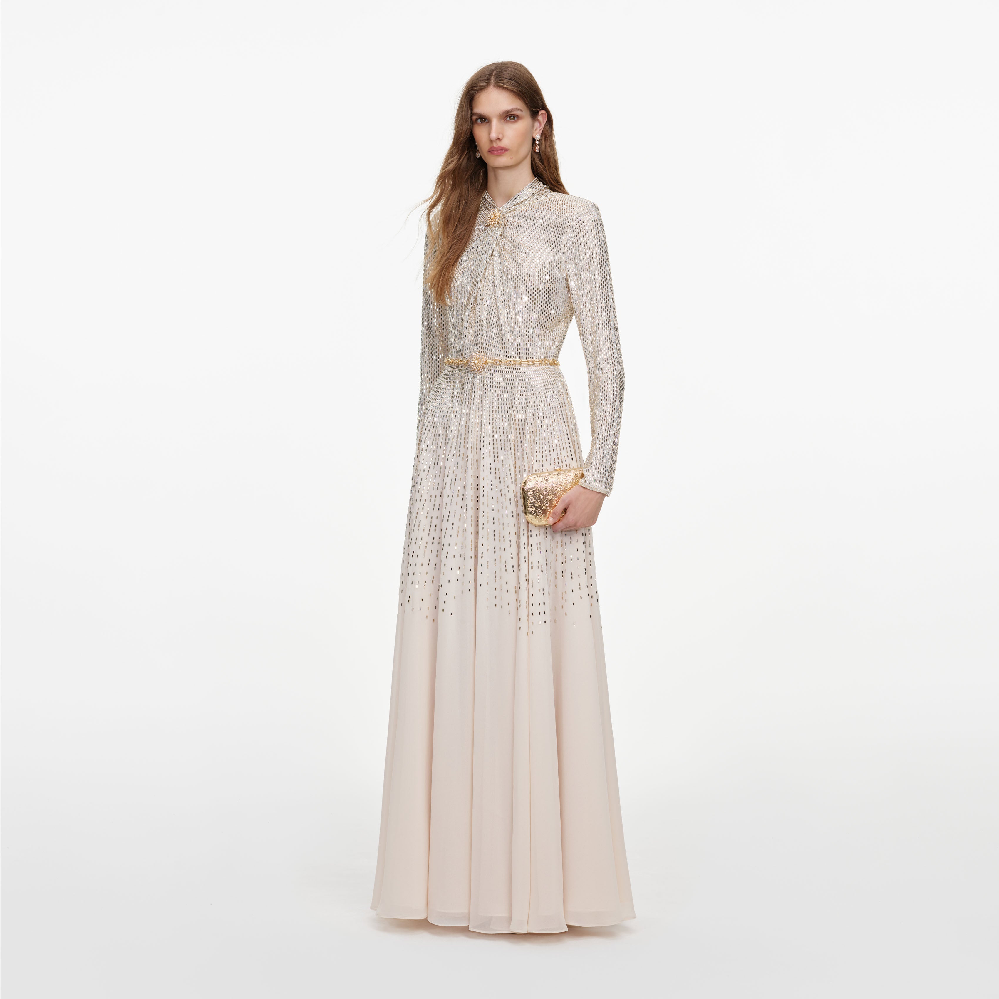 Self Portrait Dresses Champagne Ombre Rhinestone Maxi Kleid Ombre Strass