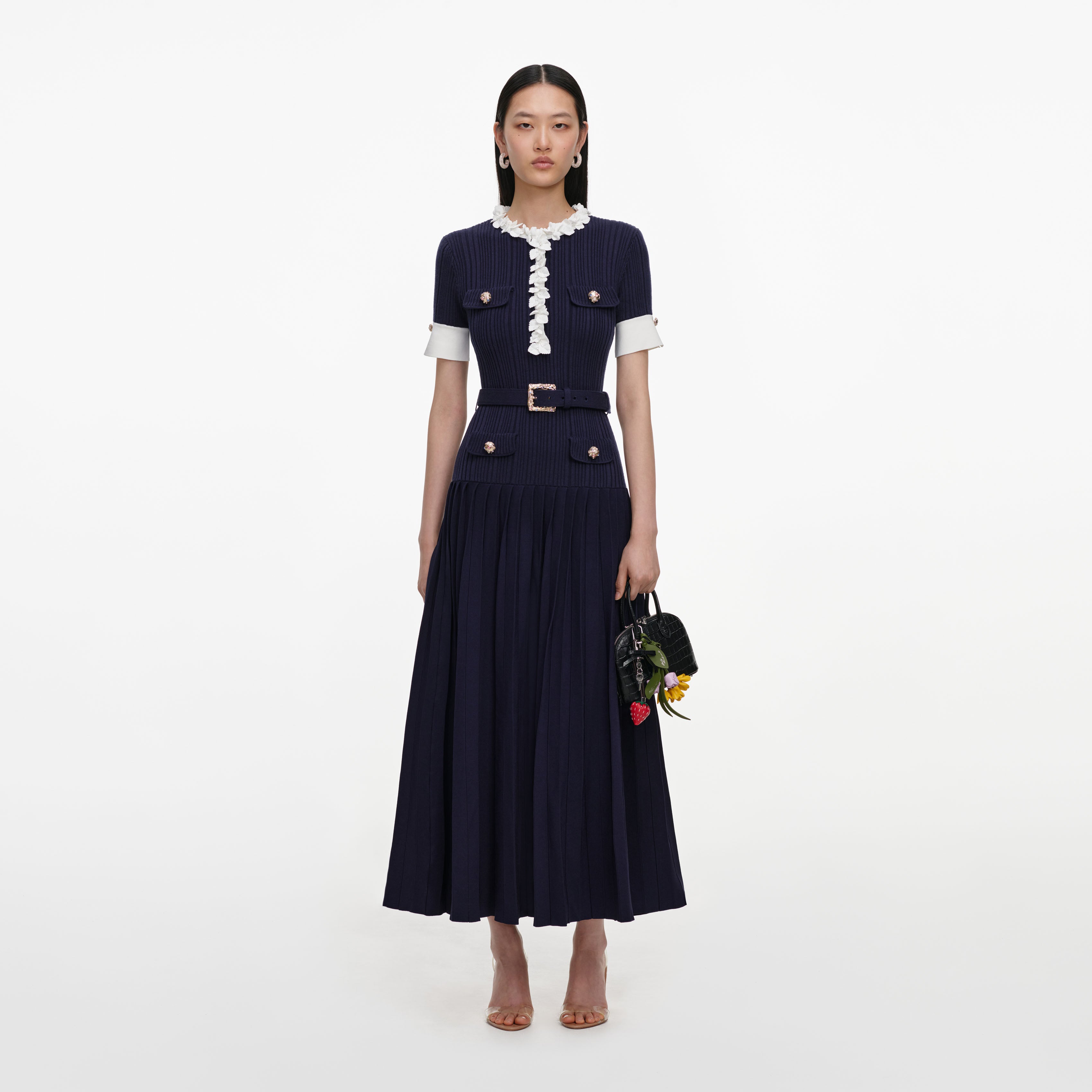 Self Portrait Navy Rib Knit Midi Dress Strickkleid Navy