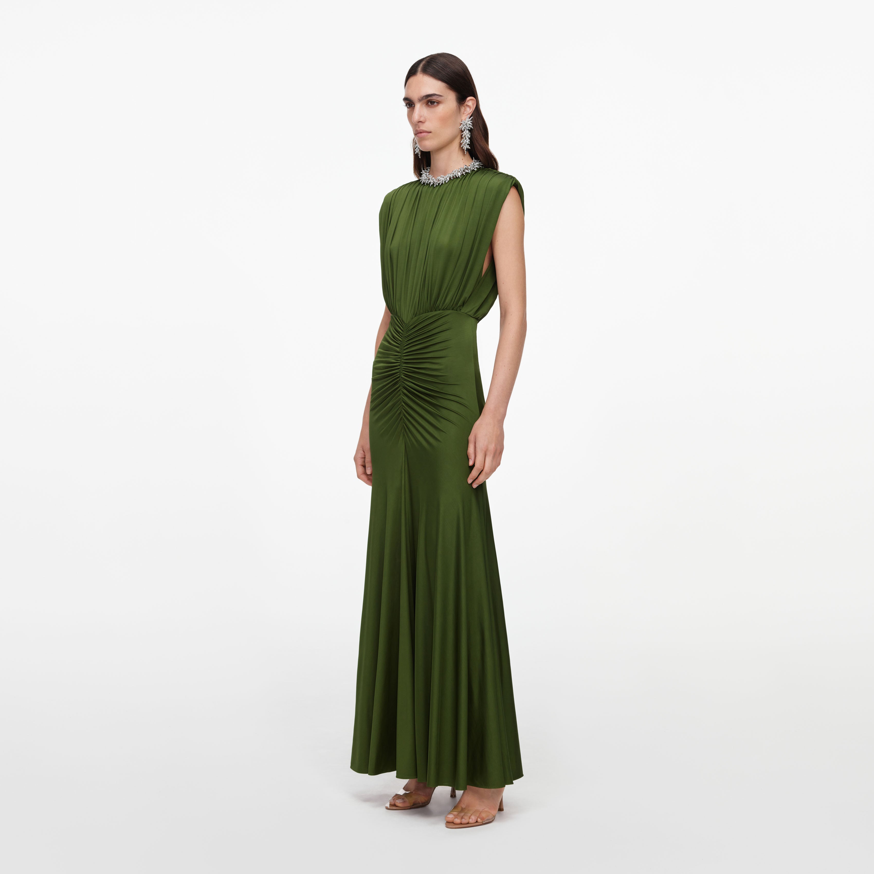 Self Portrait Olive Jersey Maxikleid Oliv Grün Lang