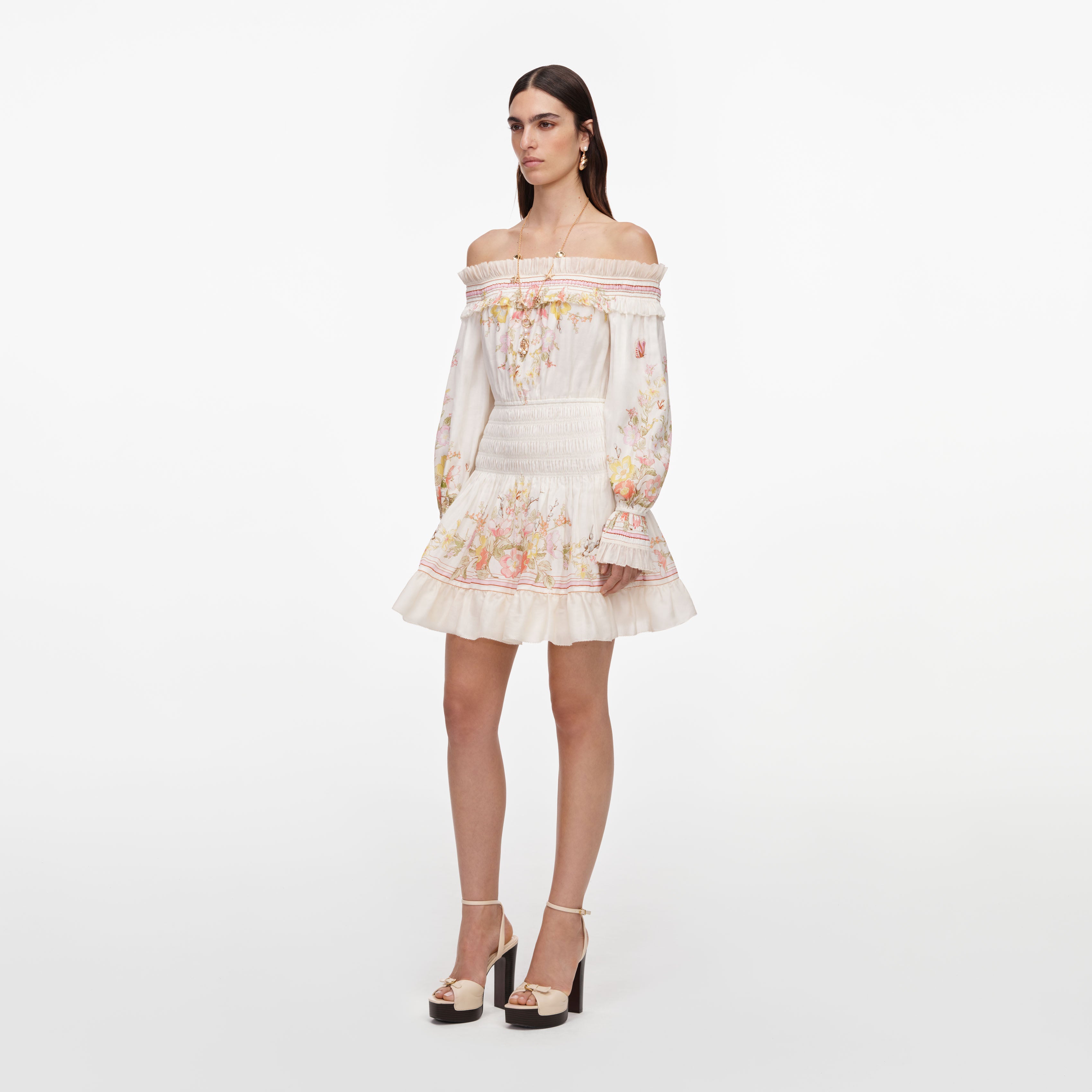Self Portrait Cream Floral Organza Ruffle Minikleid Creme
