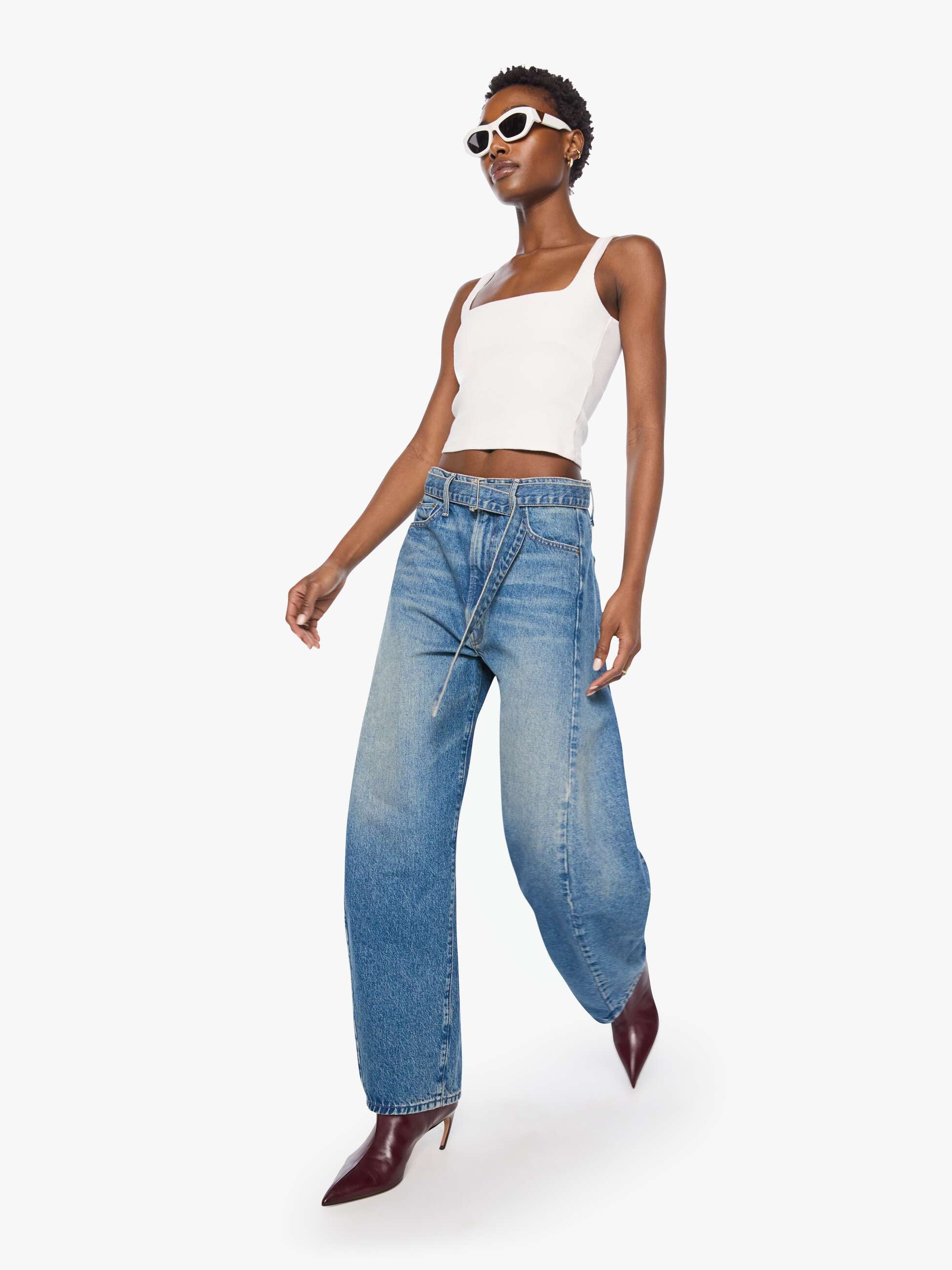 Mother Snacks Belted Spoonful Jeans Mittelblau Wide Leg