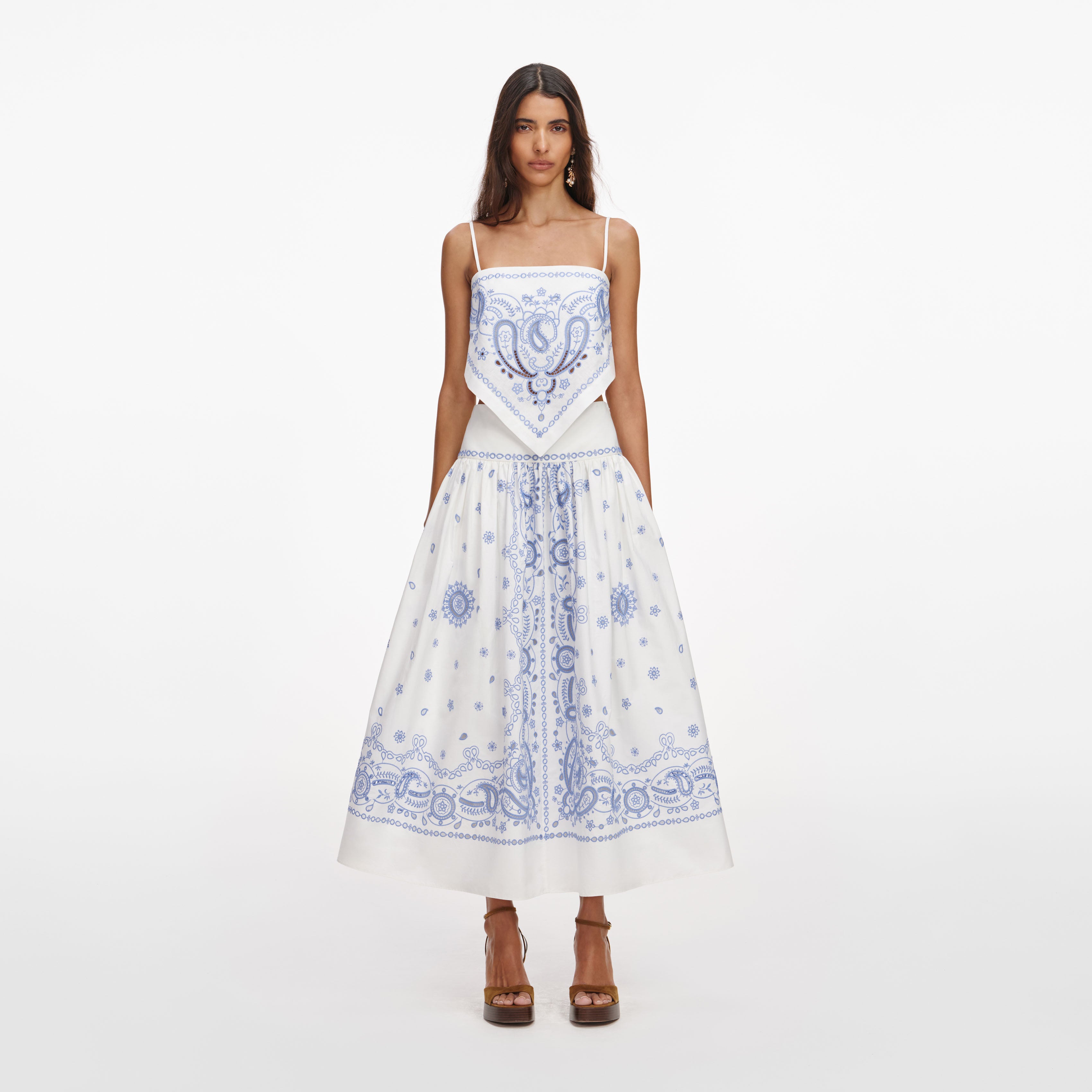Self Portrait Embroidered Midi Rock Weiß Blau Leinen