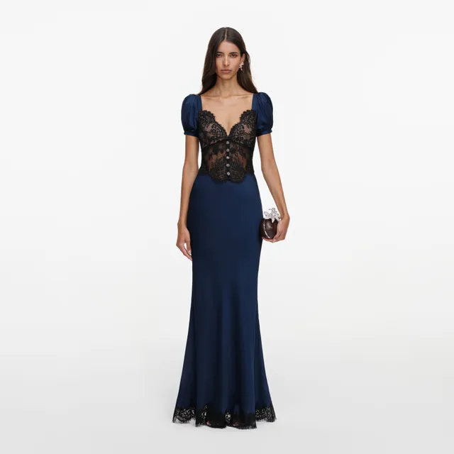 Self Portrait Navy Viscose Lace Maxikleid Navy Spitze
