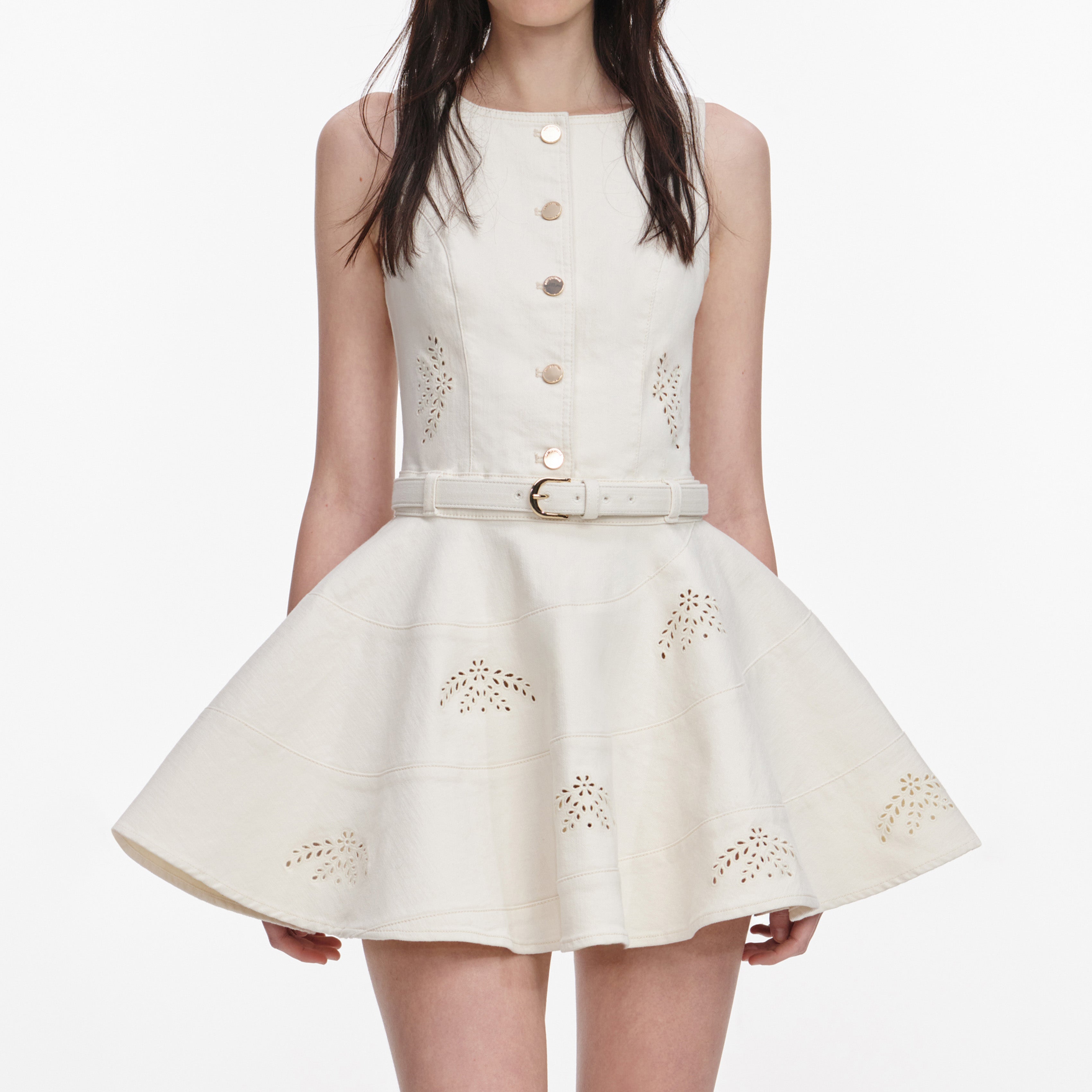 Self Portrait Denim Broderie Mini Kleid Creme UK 6