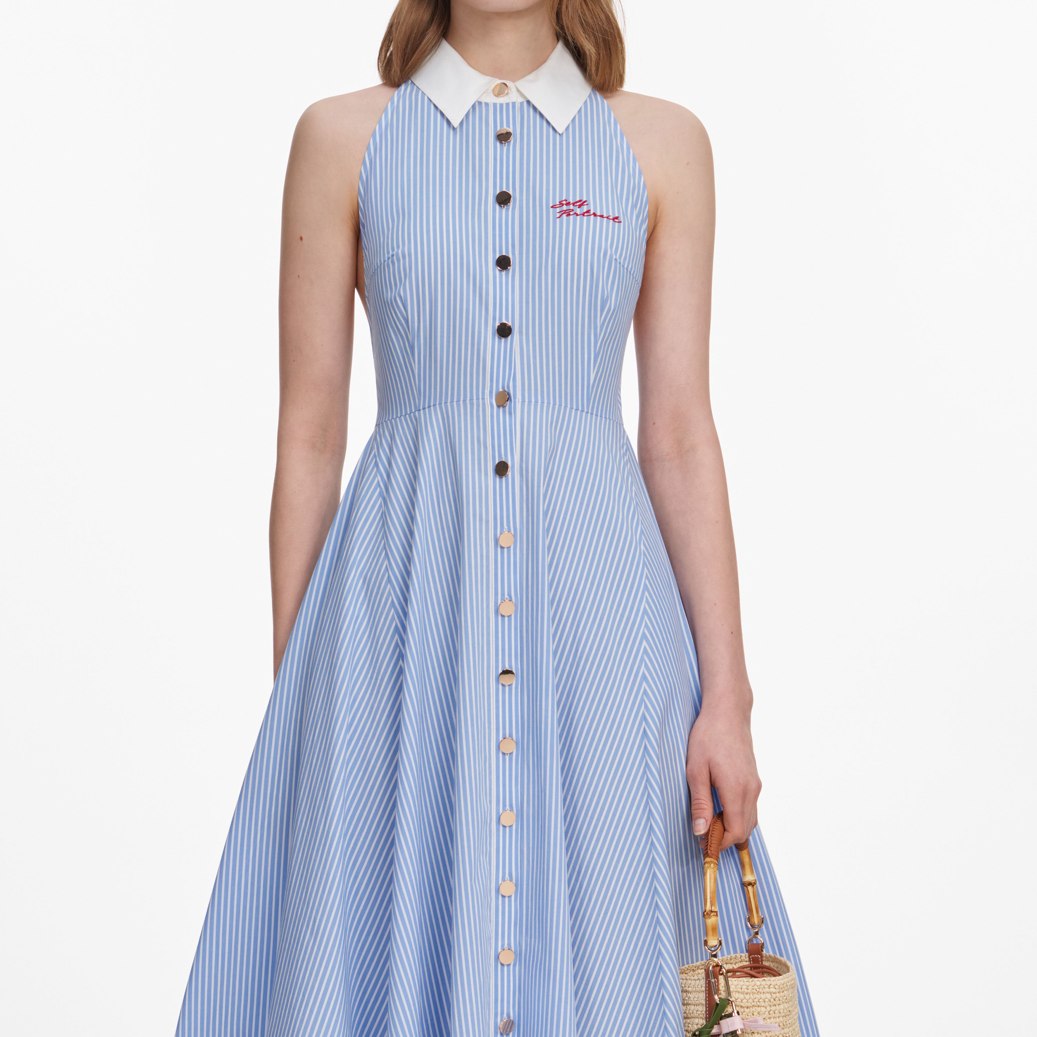 Self Portrait Blue Striped Cotton Midikleid Blau UK 10 Baumwolle