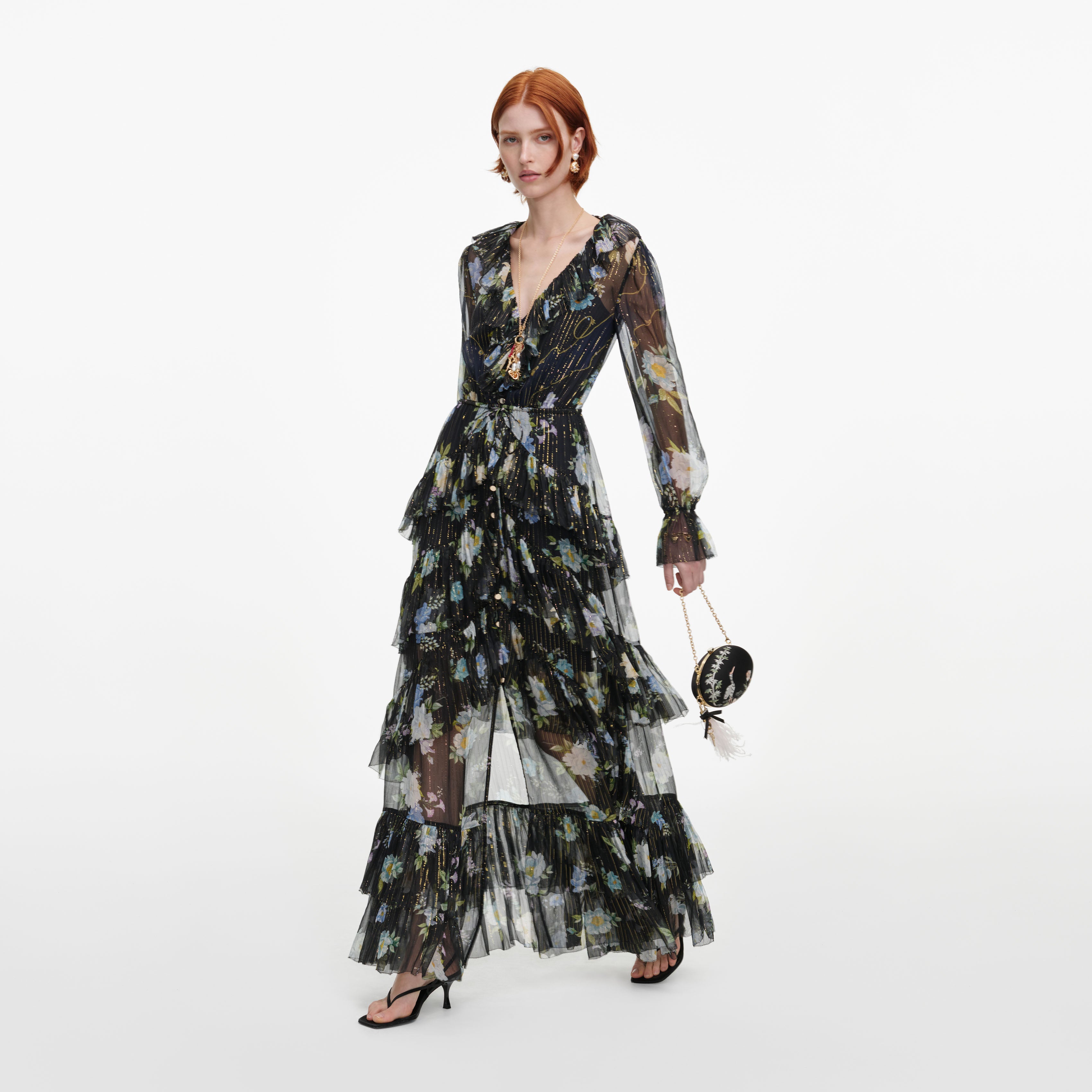 Self Portrait Floral Georgette Maxikleid Navy Blumen