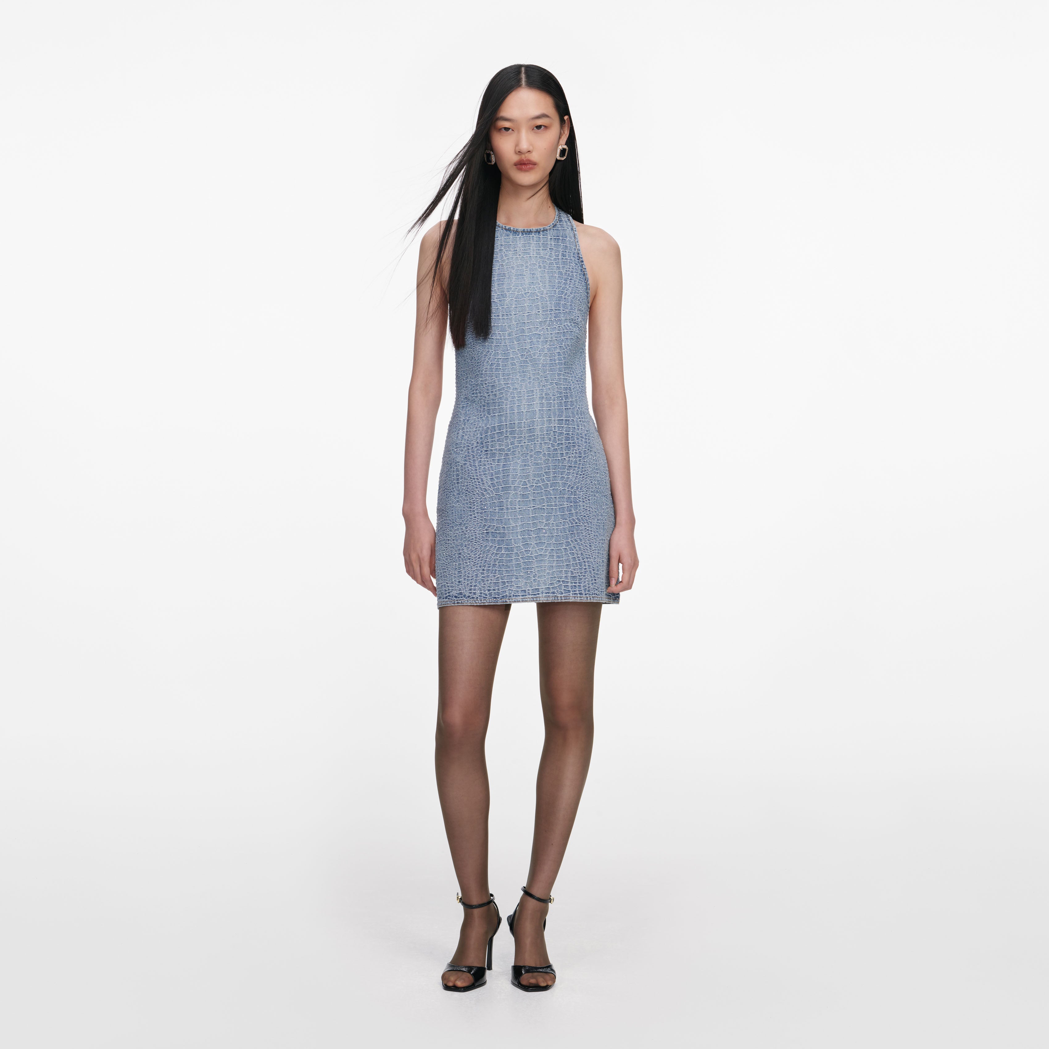 Self Portrait Denim Rhinestone Croc Mini Kleid Blau