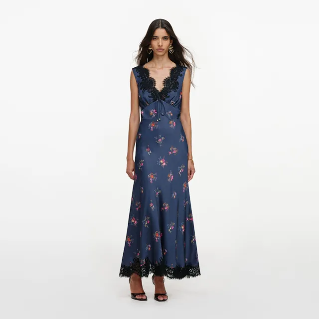 Self Portrait Satin Lace Midi Kleid Navy Blumen Spitze