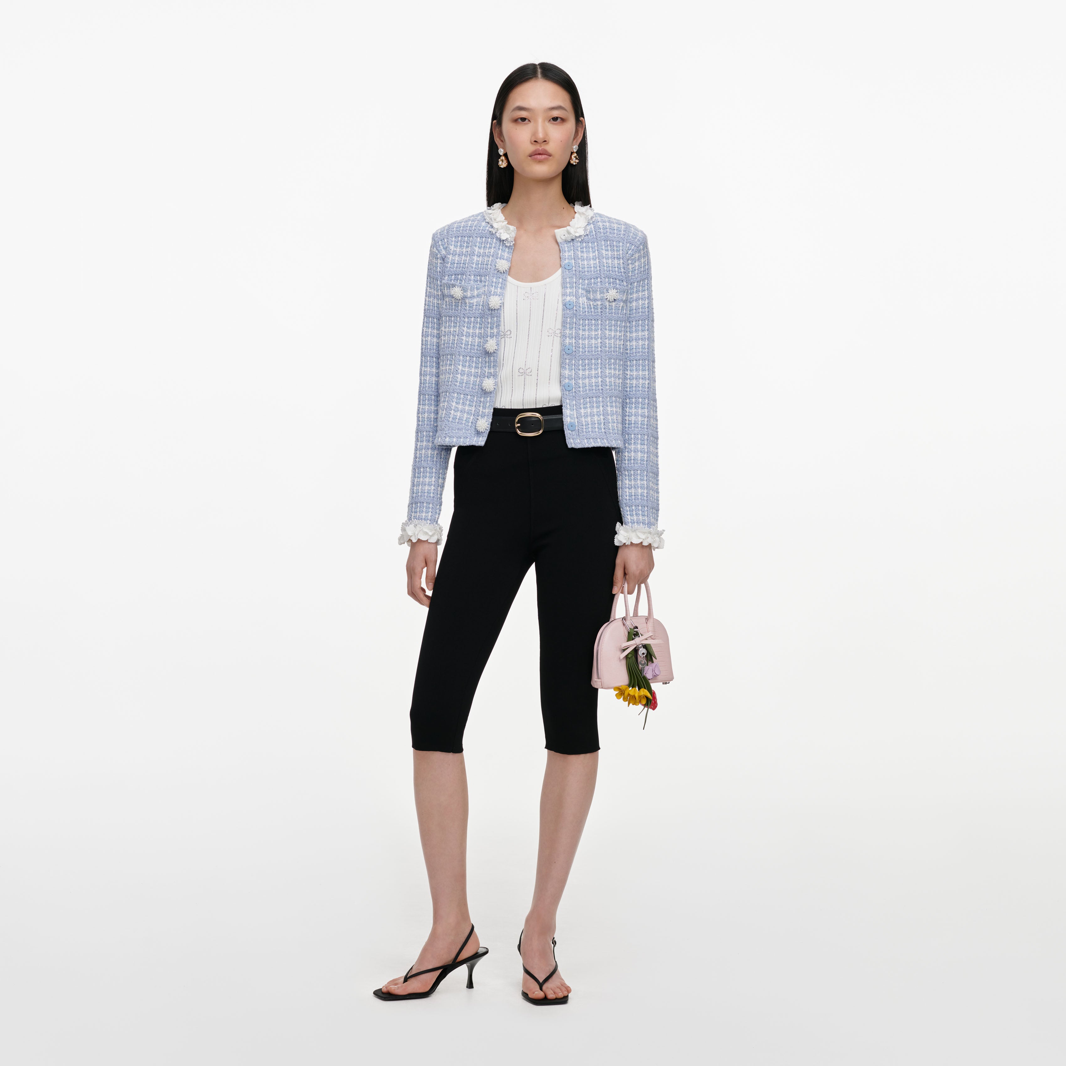 Self Portrait Blue Check Knit Beaded Strickjacke Blau