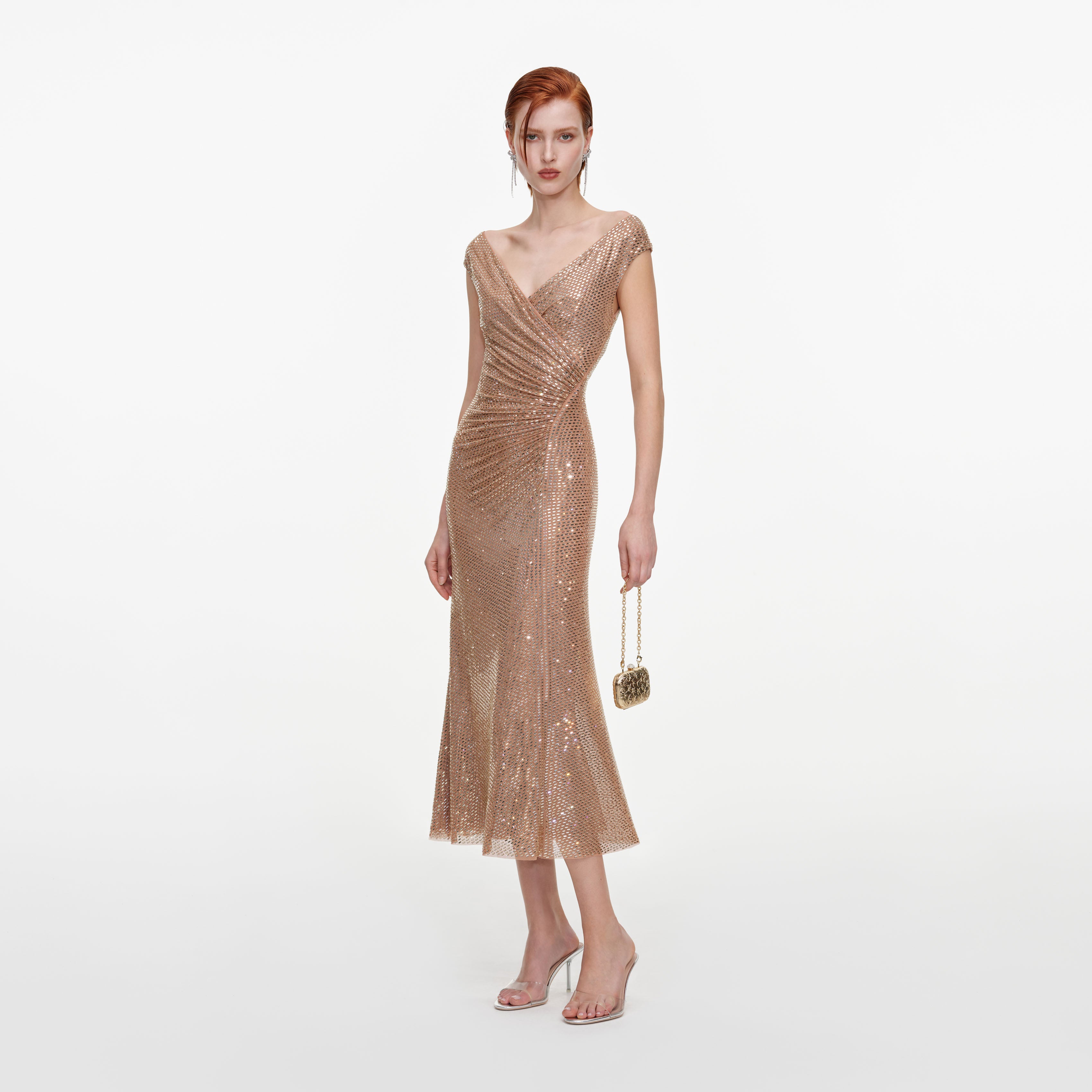 Self Portrait Gold Rhinestone Off-Shoulder Midikleid gold