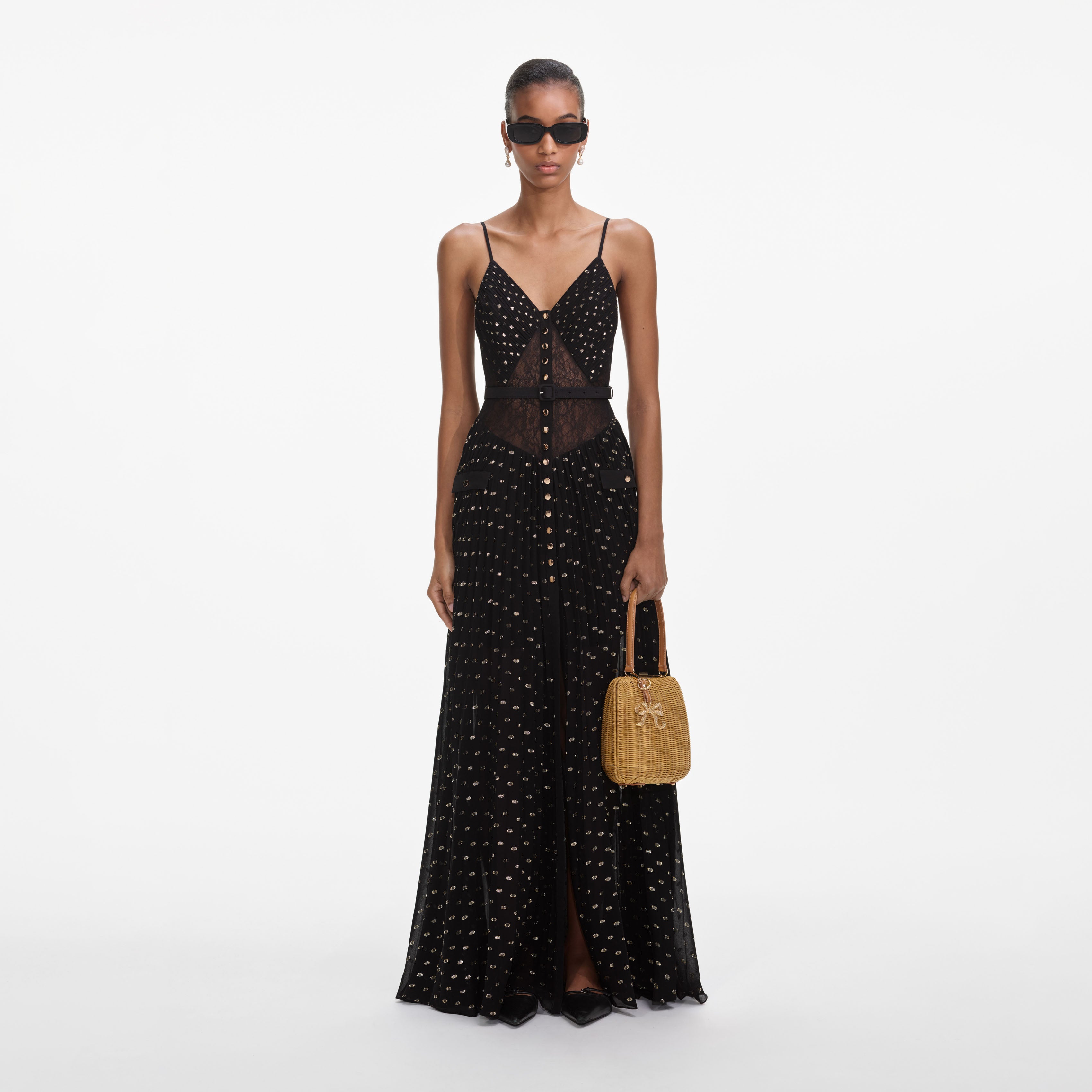 Self Portrait Dresses Black Gold Chiffon Maxikleid Schwarz UK 8