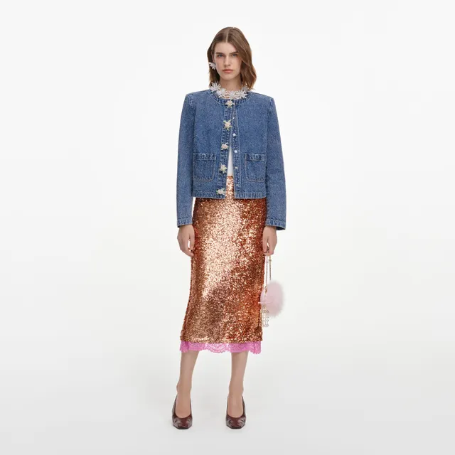 Self Portrait Textured Denim Jacket Jeansjacke blau