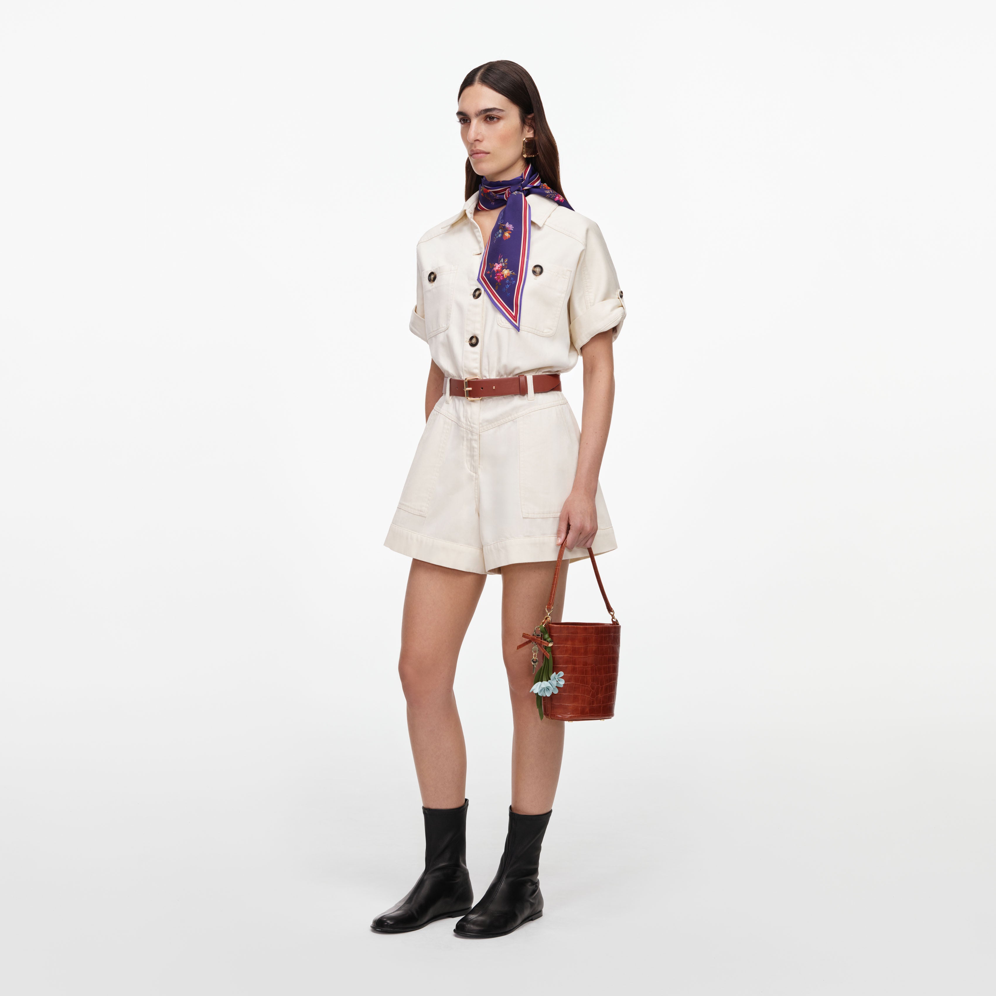 Self Portrait Cream Denim Playsuit Creme Kurz Denim