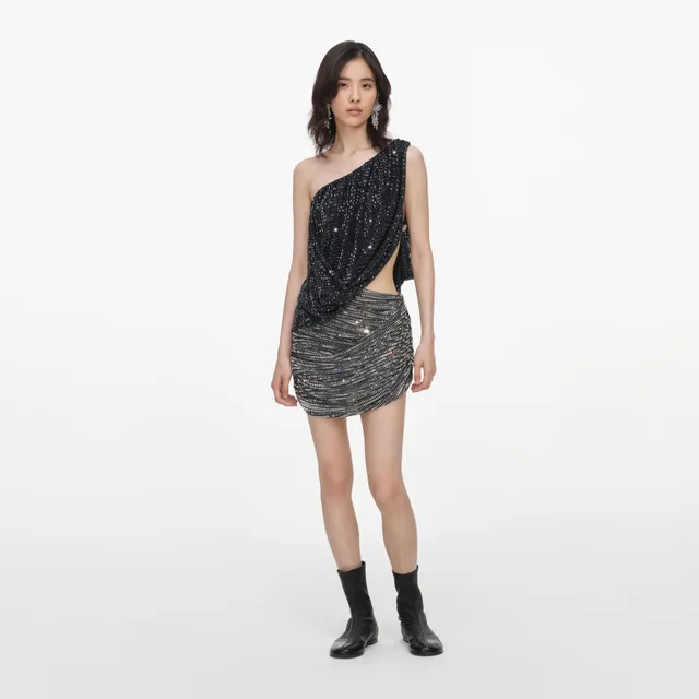 Self Portrait Black Rhinestone One Shoulder Top Strass