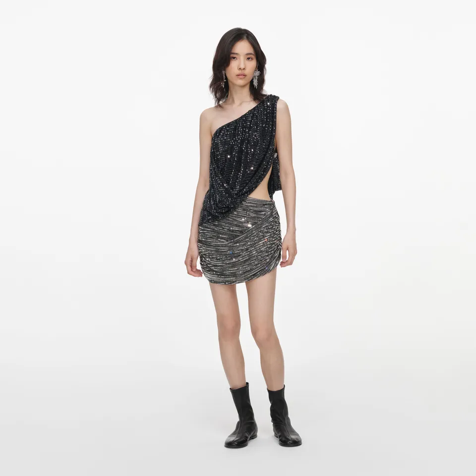 Self Portrait Black Rhinestone One Shoulder Top Strass