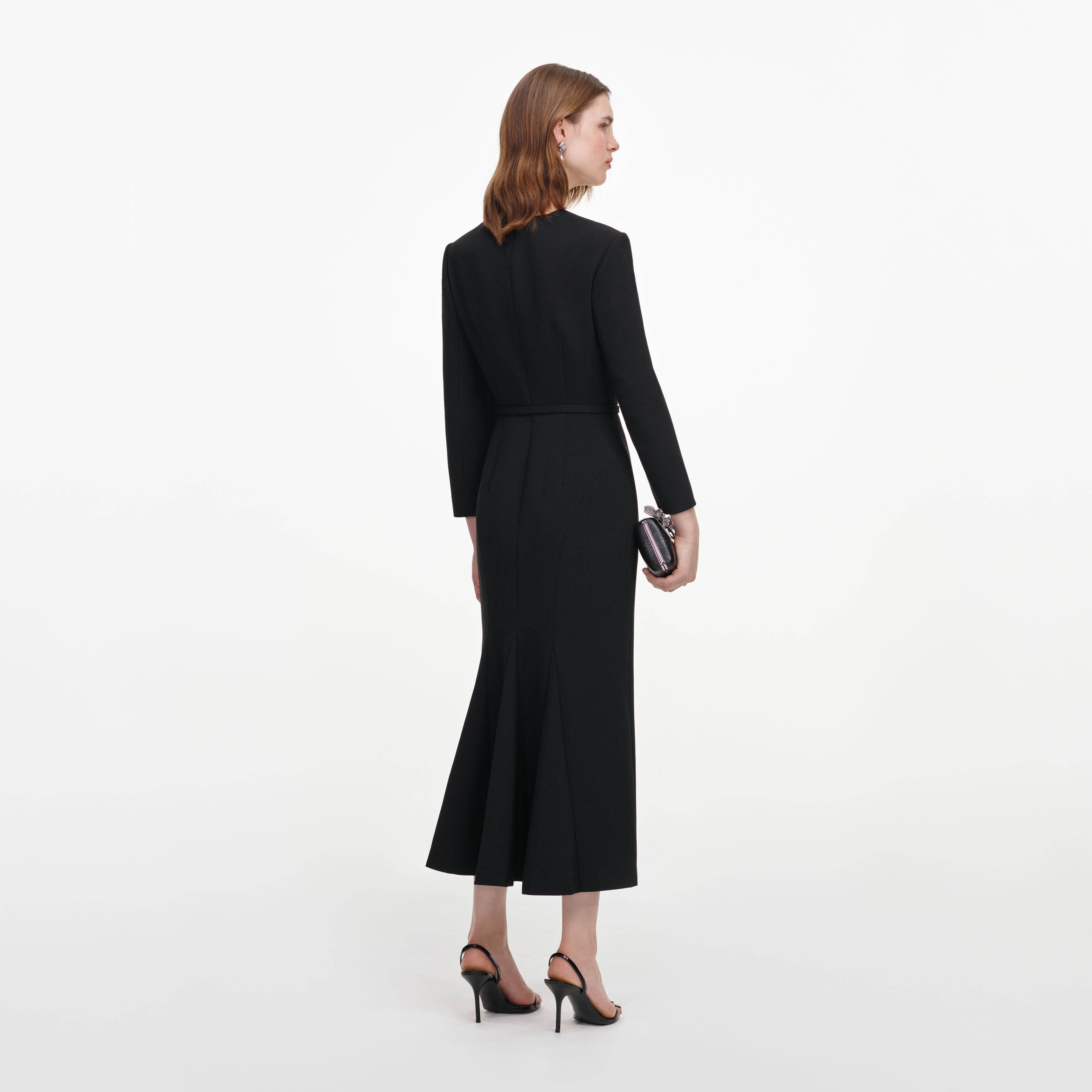 Self Portrait Black Tailored Brooch Midi Kleid Schwarz Wolle