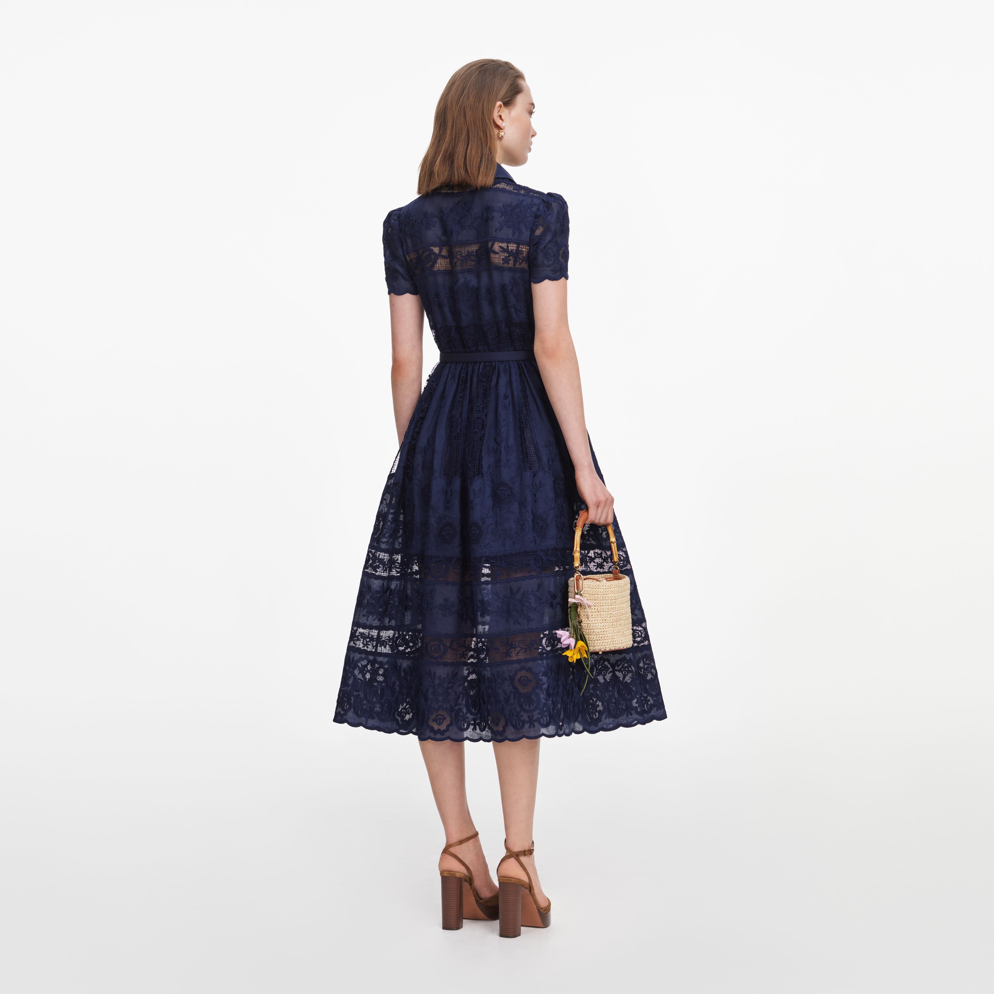 Self Portrait Navy Ramie Hemd-Midikleid Navy Spitze