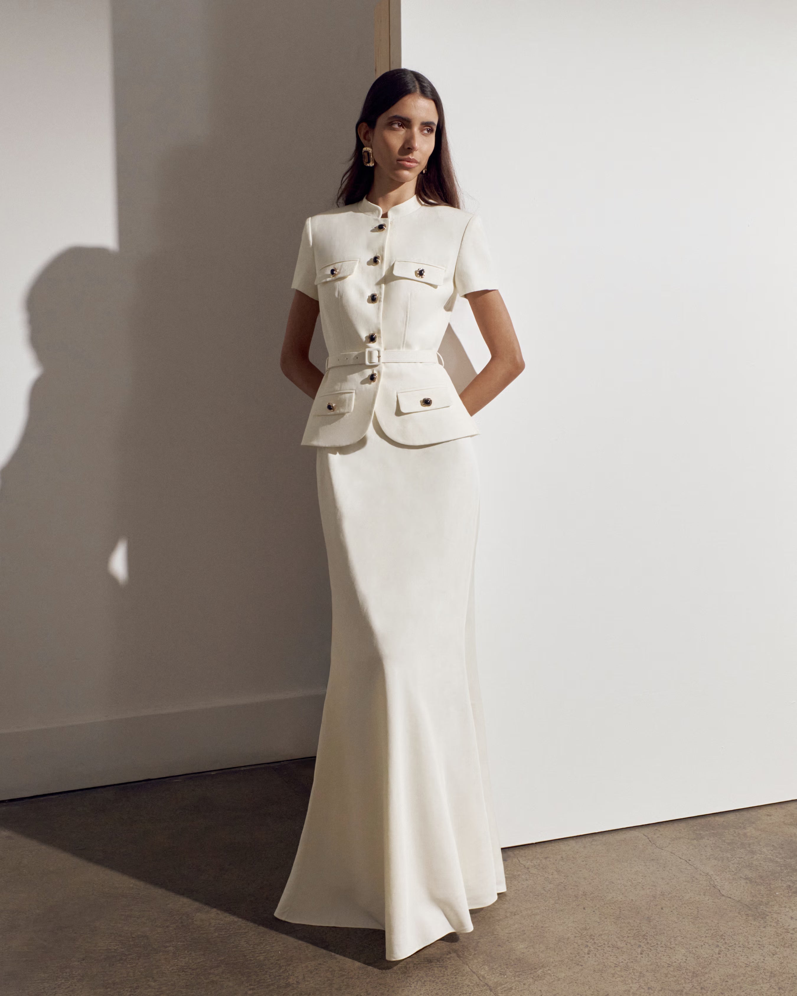 Self Portrait Linen Peplum Maxi Kleid Cream Leinen