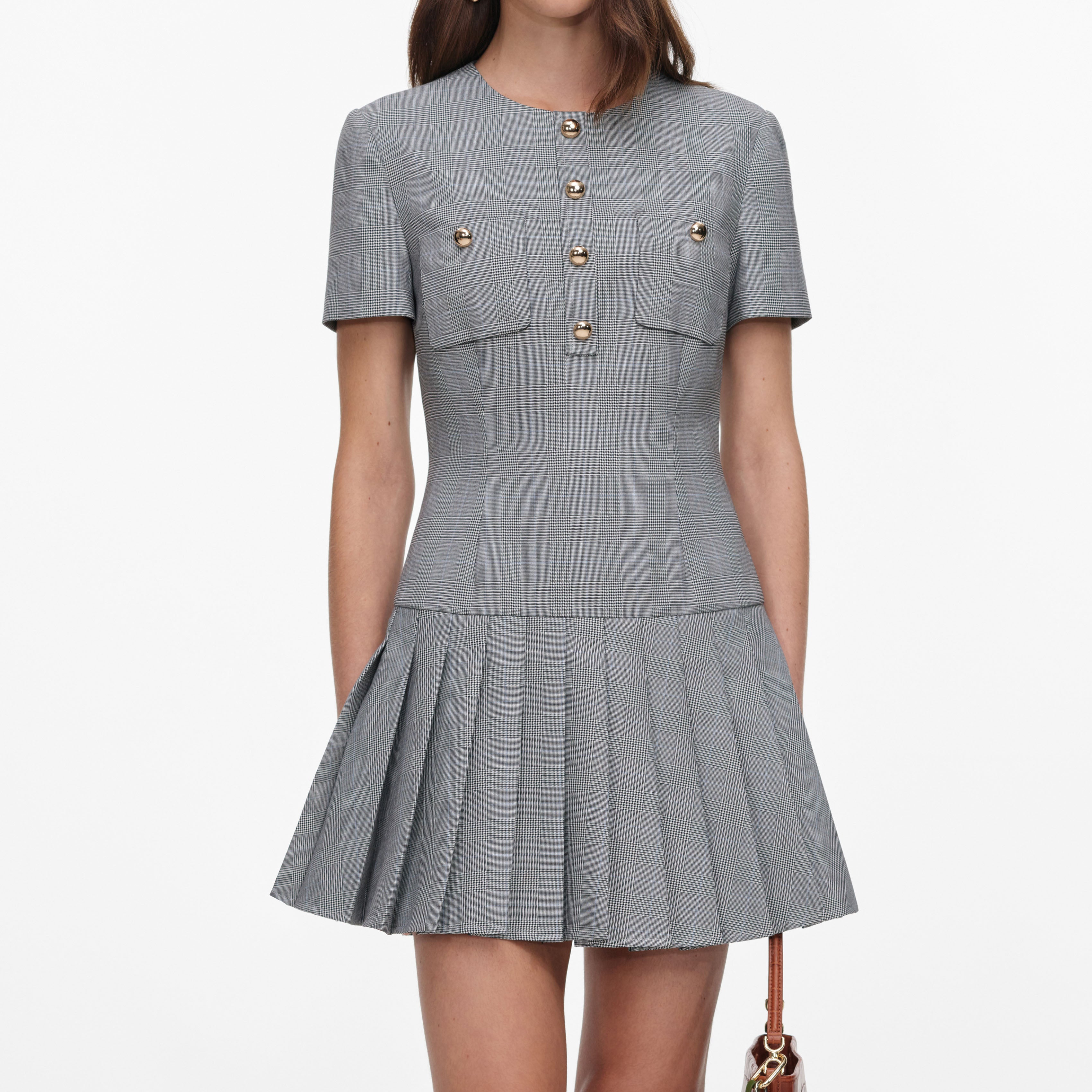 Self Portrait Check Pleated Mini Kleid Grau UK 6