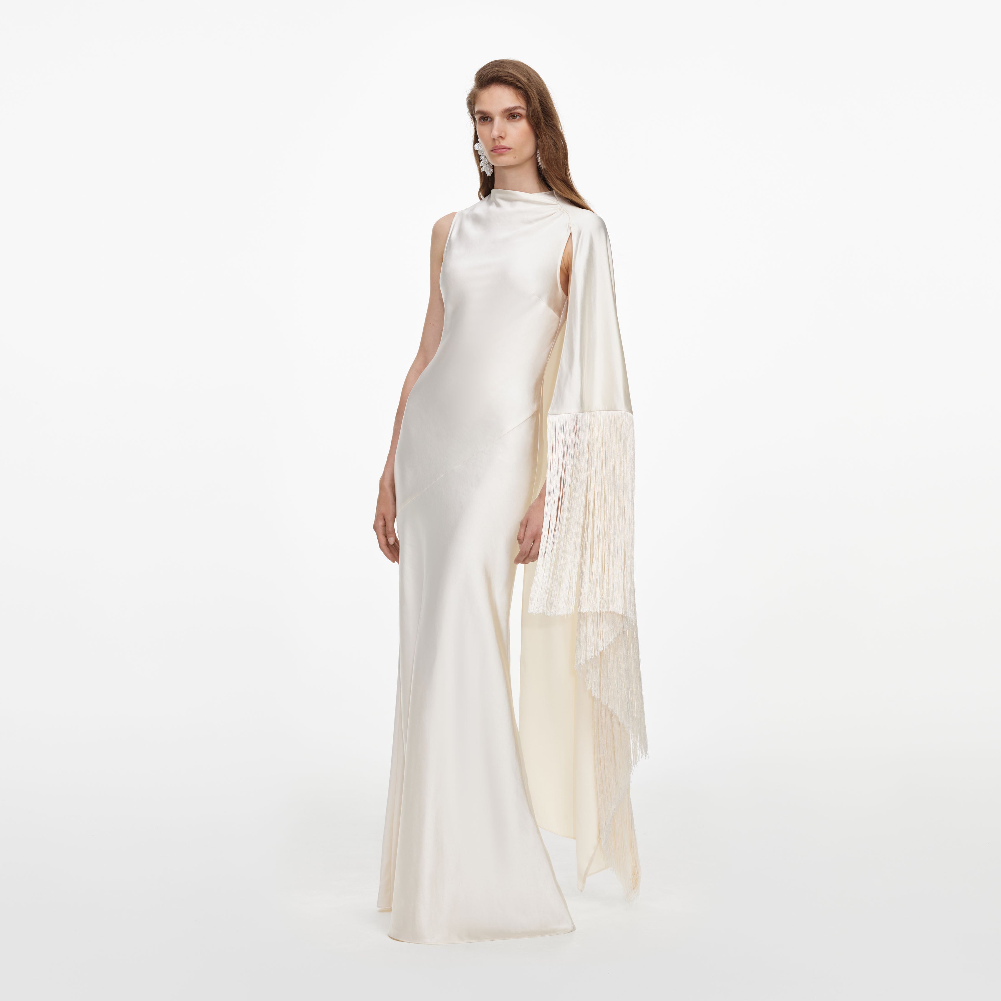 Self Portrait Dresses Cream Satin Fringed Maxi Kleid Creme UK 8