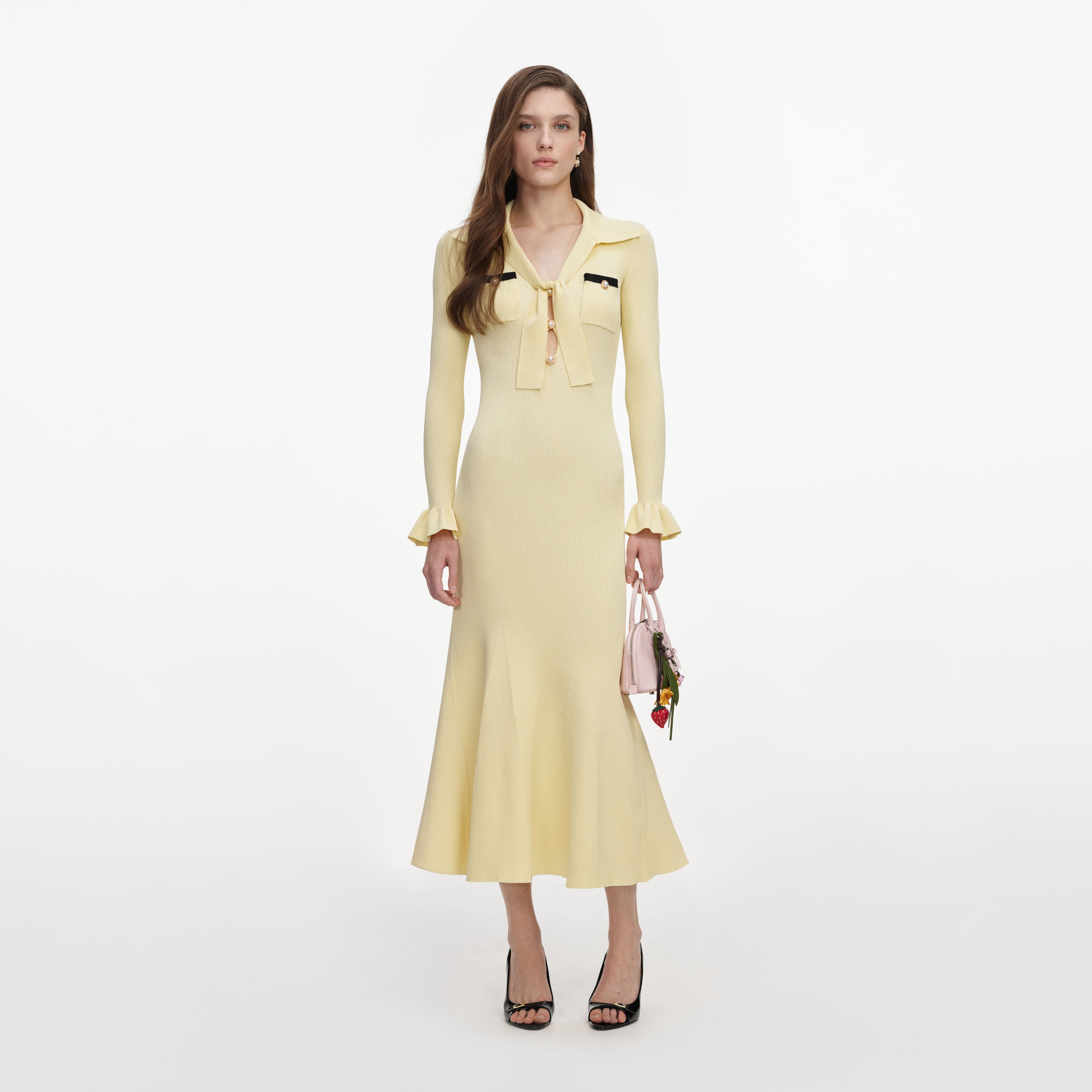 Self Portrait Yellow Viscose Midikleid gelb Strick Größe S