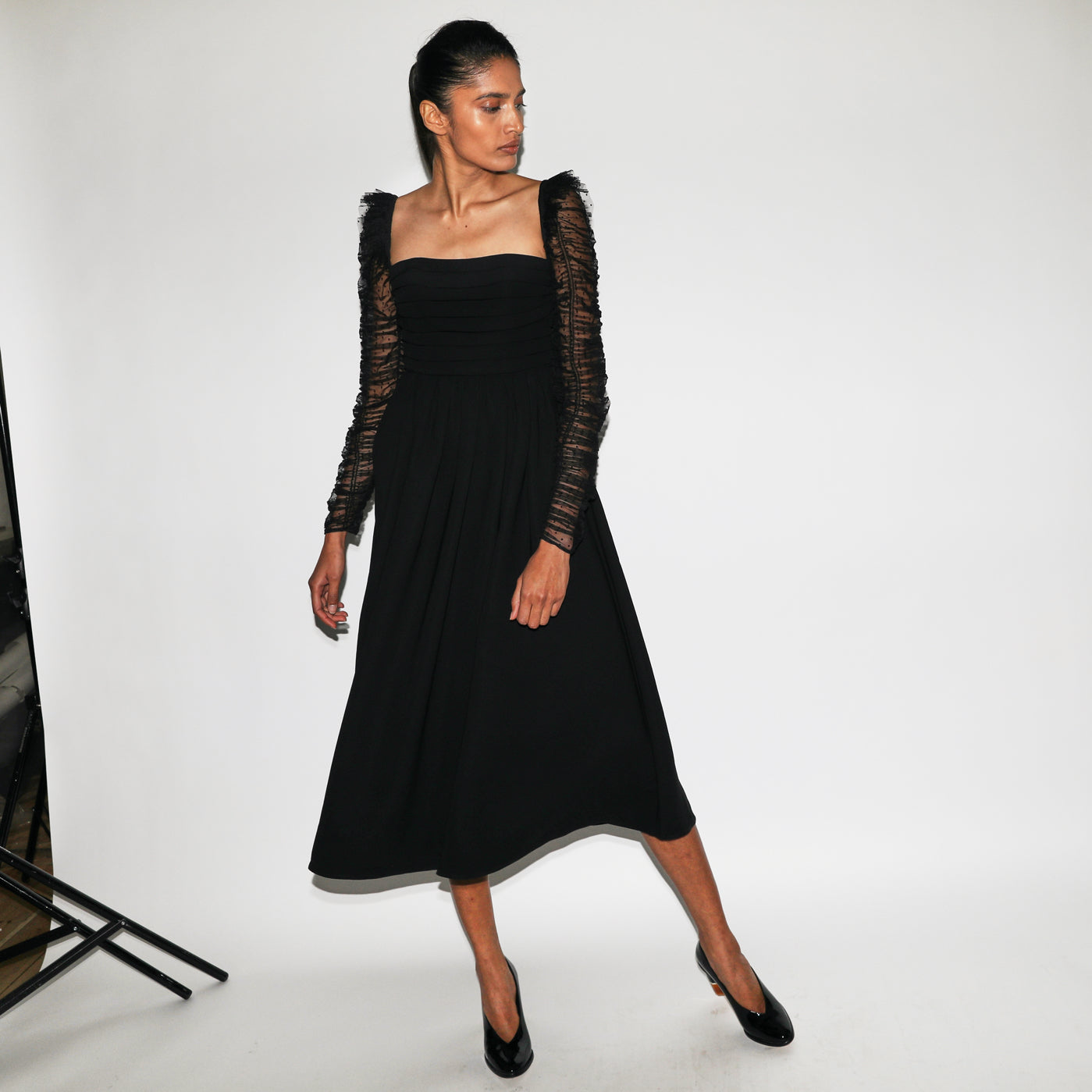 Self Portrait Crepe Dot Mesh Midi-Kleid Langarm