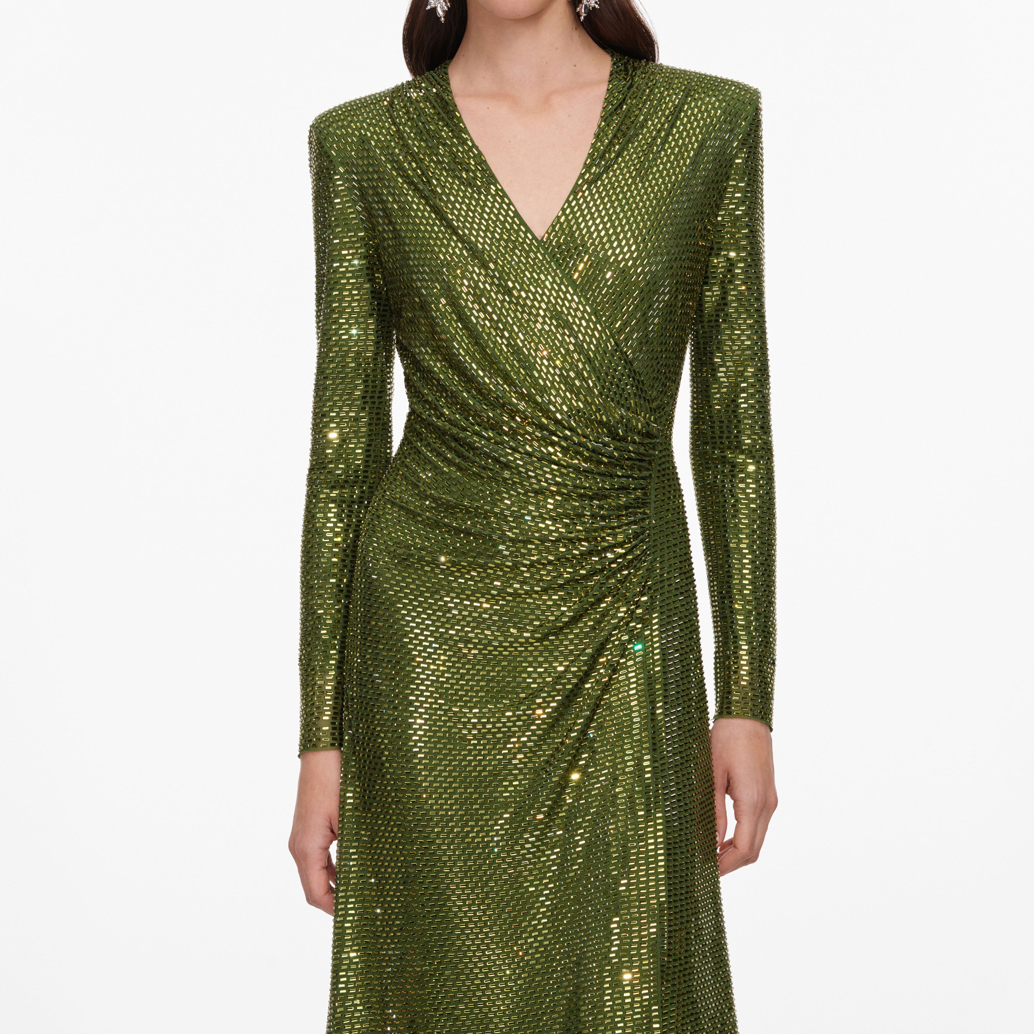 Self Portrait Olive Rhinestone Wrap Midikleid Grün UK 10 Strass