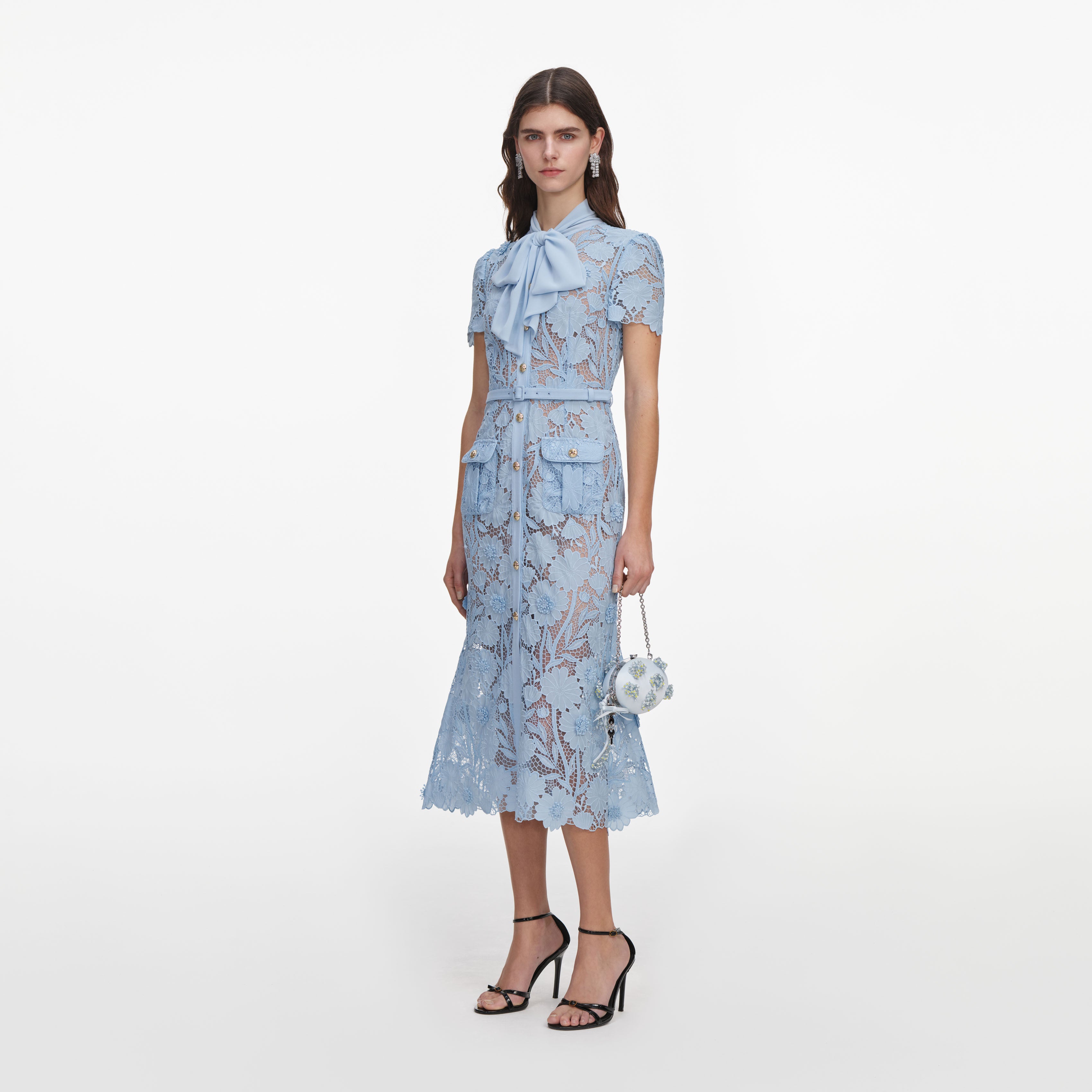Self Portrait Blue Lace Tie Neck Midi Dress Kleid Hellblau UK 6