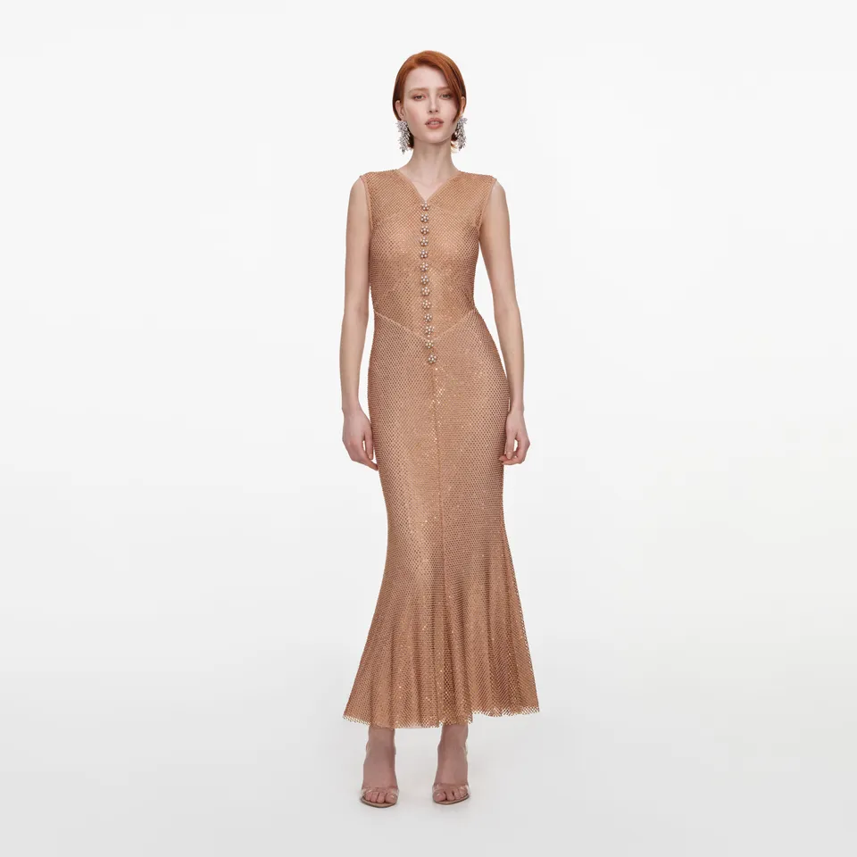 Self Portrait Fishnet Midikleid Champagne Strass