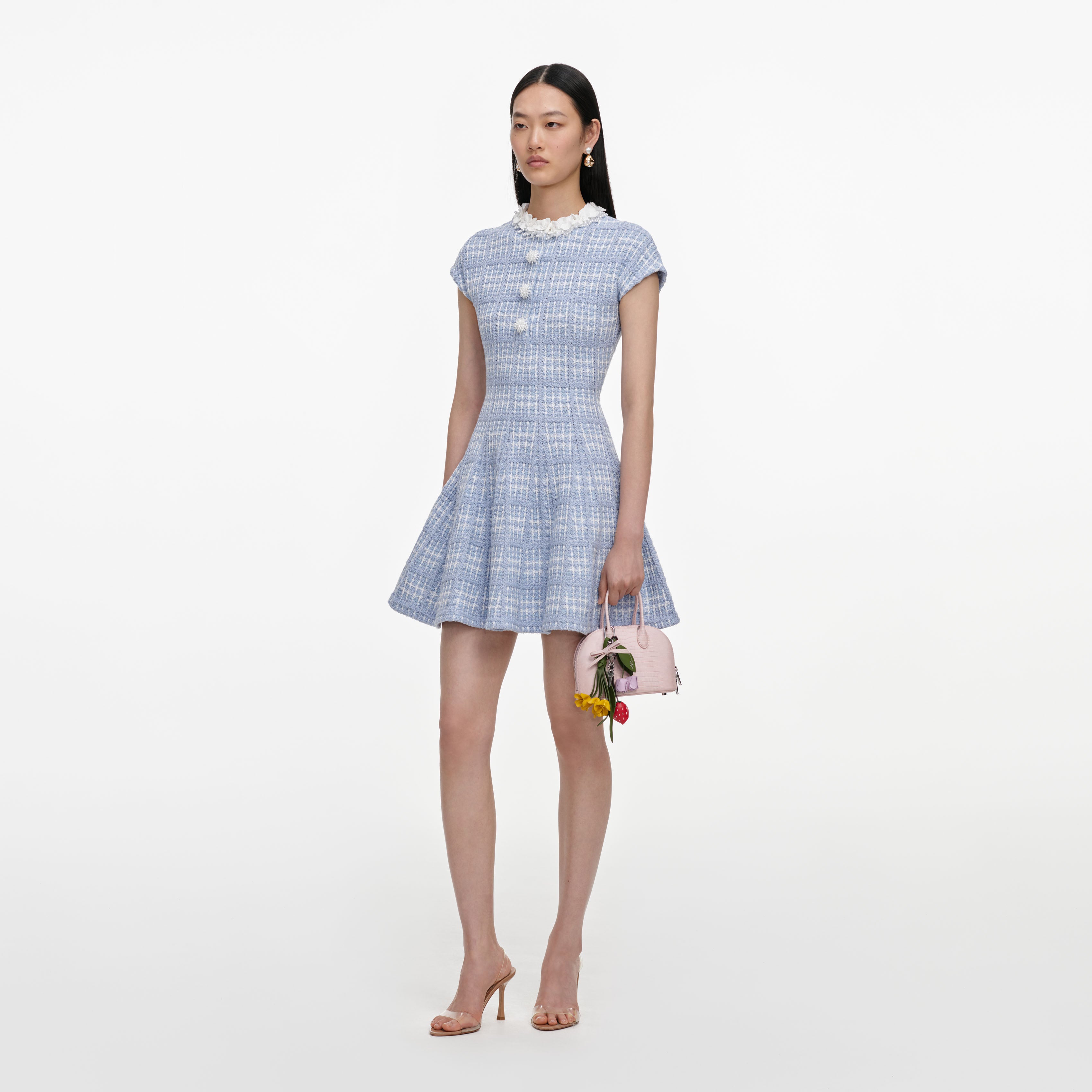Self Portrait Blue Check Knit Minikleid Blau XS-L Perlen Taschen