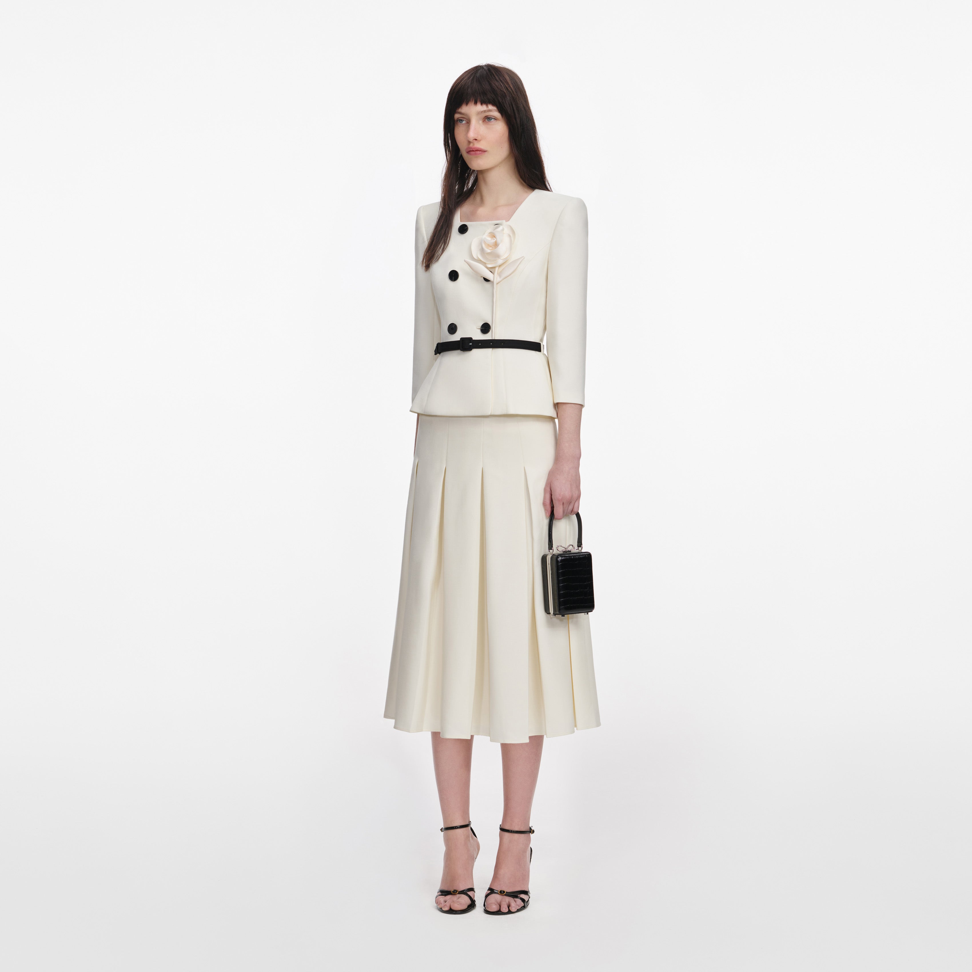 Self Portrait 3D Flower Midi-Kleid Creme Wolle