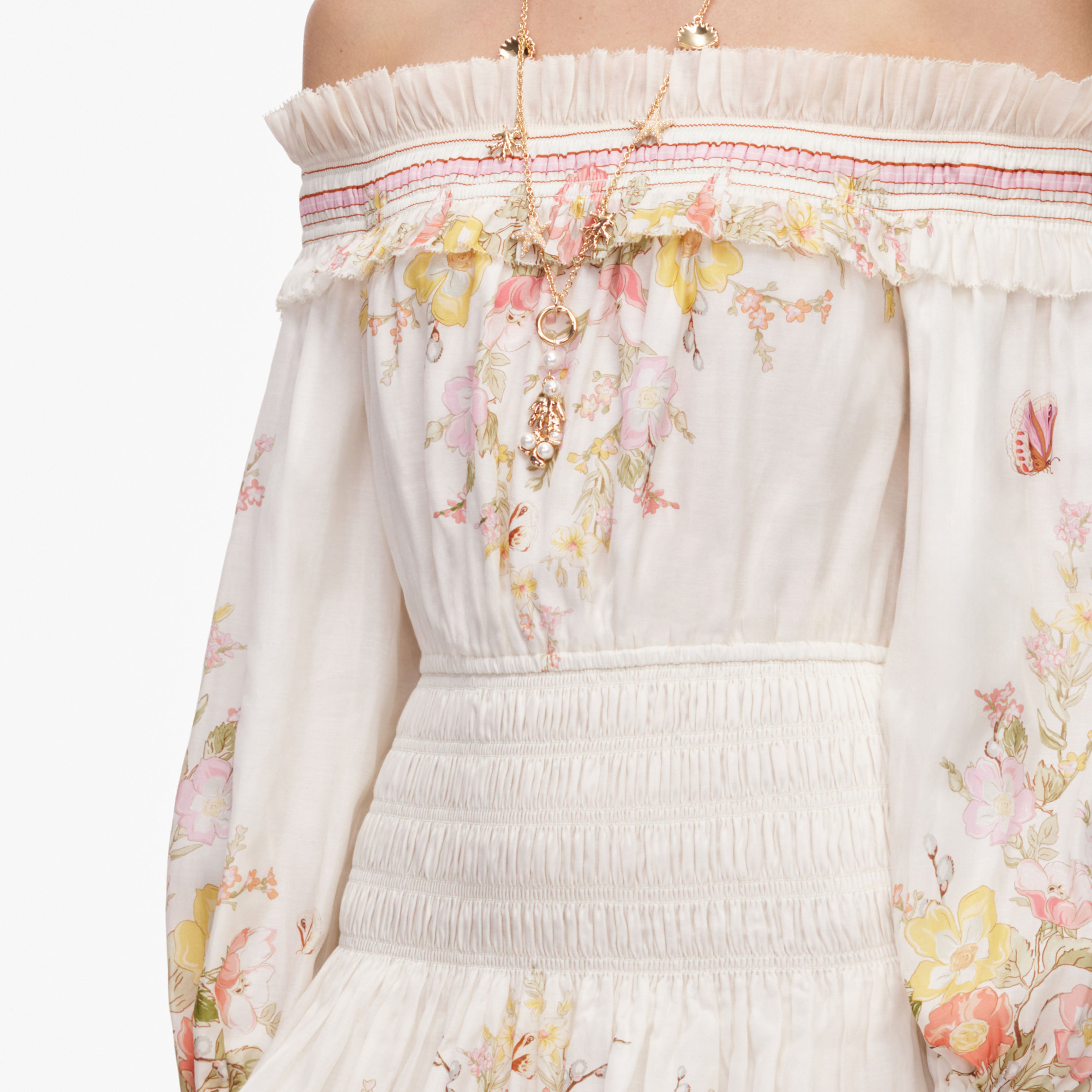 Self Portrait Cream Floral Organza Ruffle Minikleid Creme