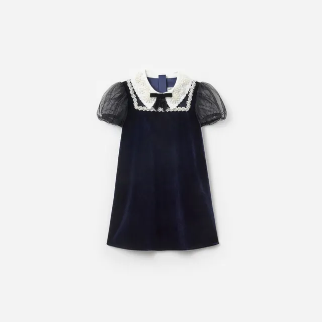 Self Portrait Navy Velvet Tulle Flower Trim Kleid Navy 5/6 Samt