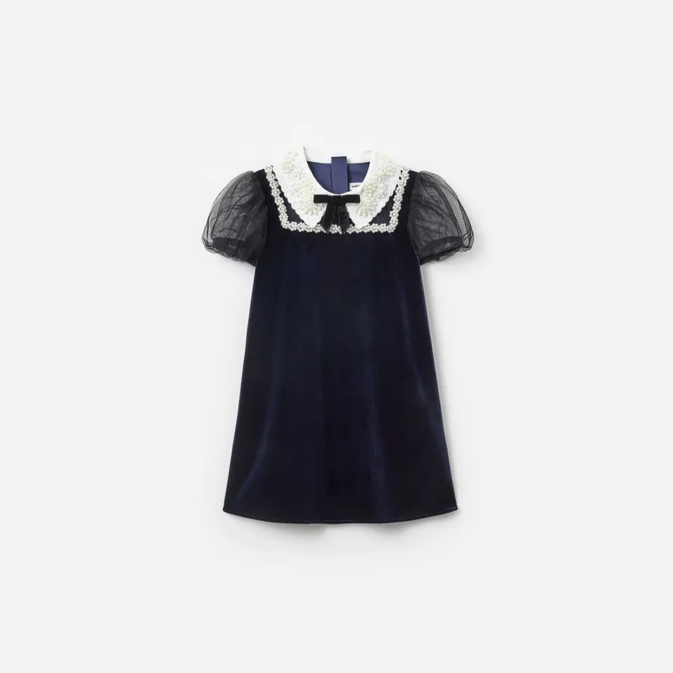 Self Portrait Navy Velvet Tulle Flower Trim Kleid Navy 5/6 Samt