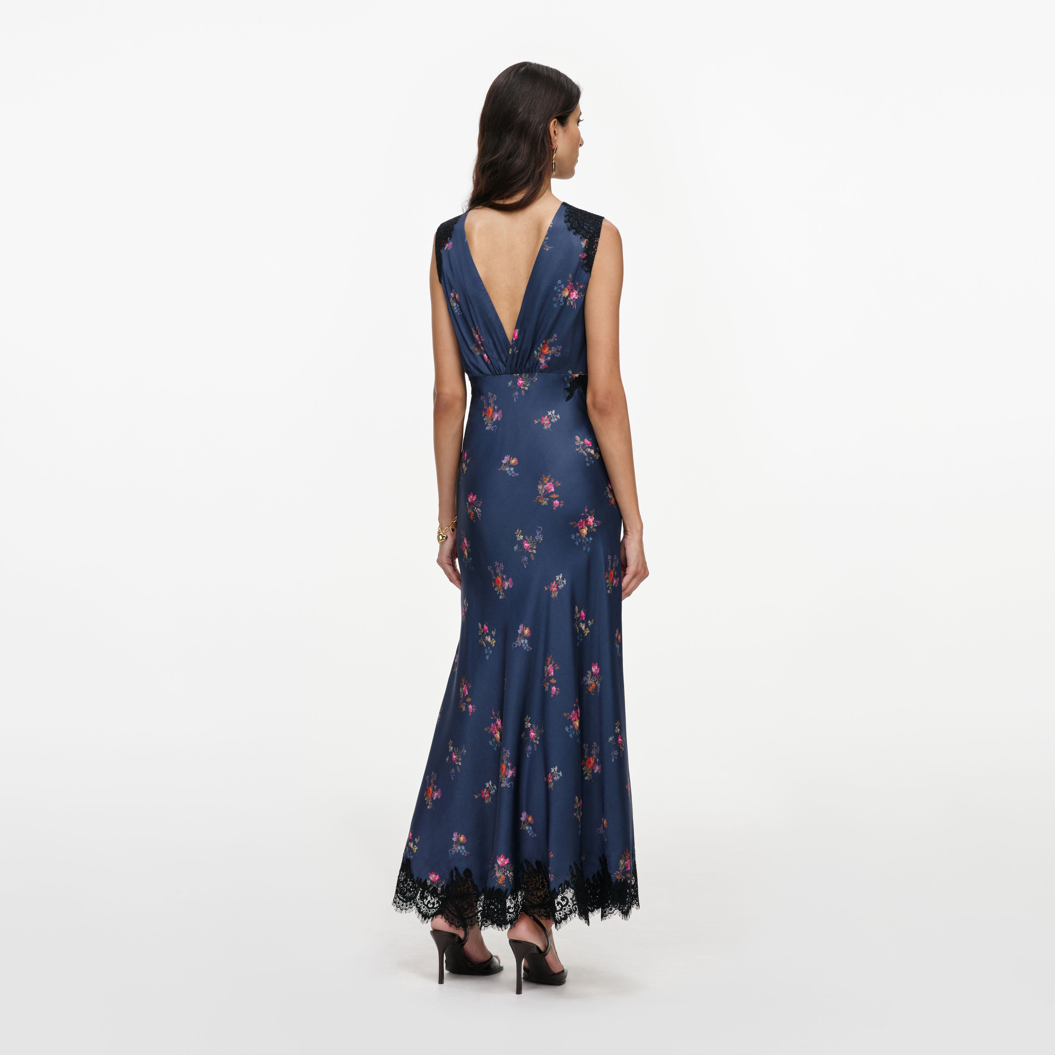 Self Portrait Satin Lace Midi Kleid Navy Blumen Spitze